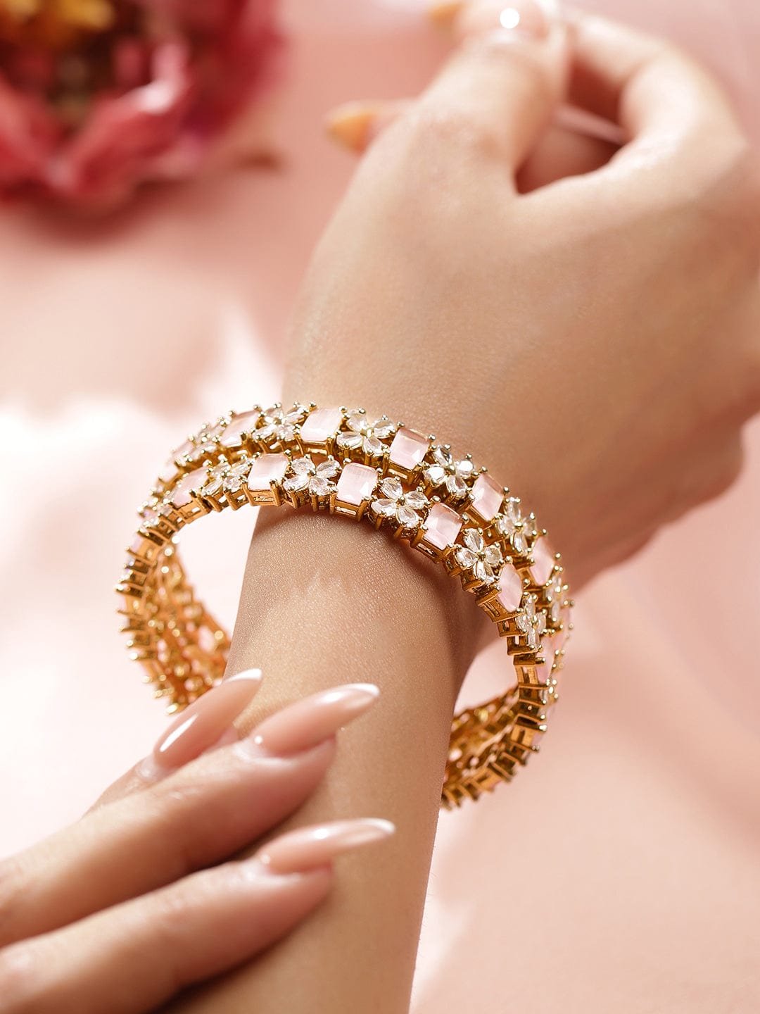 Wentra Set of 2 18K Gold-Plated Pastel Pink & White Cubic Zirconia Studded Floral Bangles