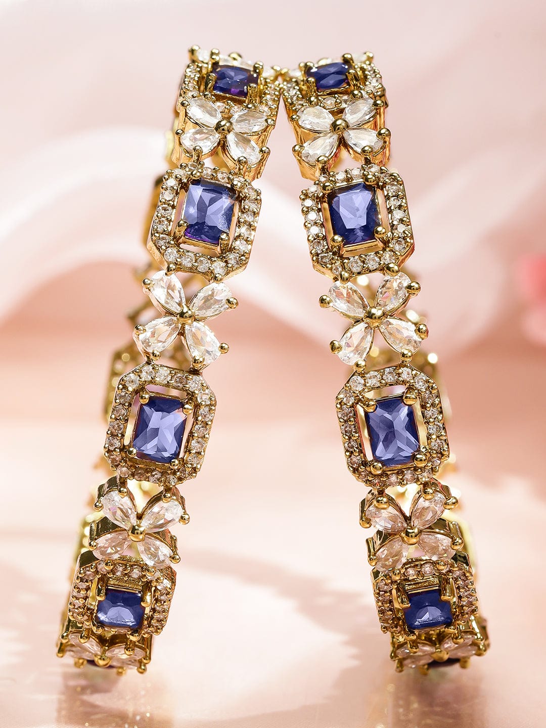 Wentra Set of 2 18K Gold-Plated Purple AD & White Zirconia Studded Floral Design Bangles