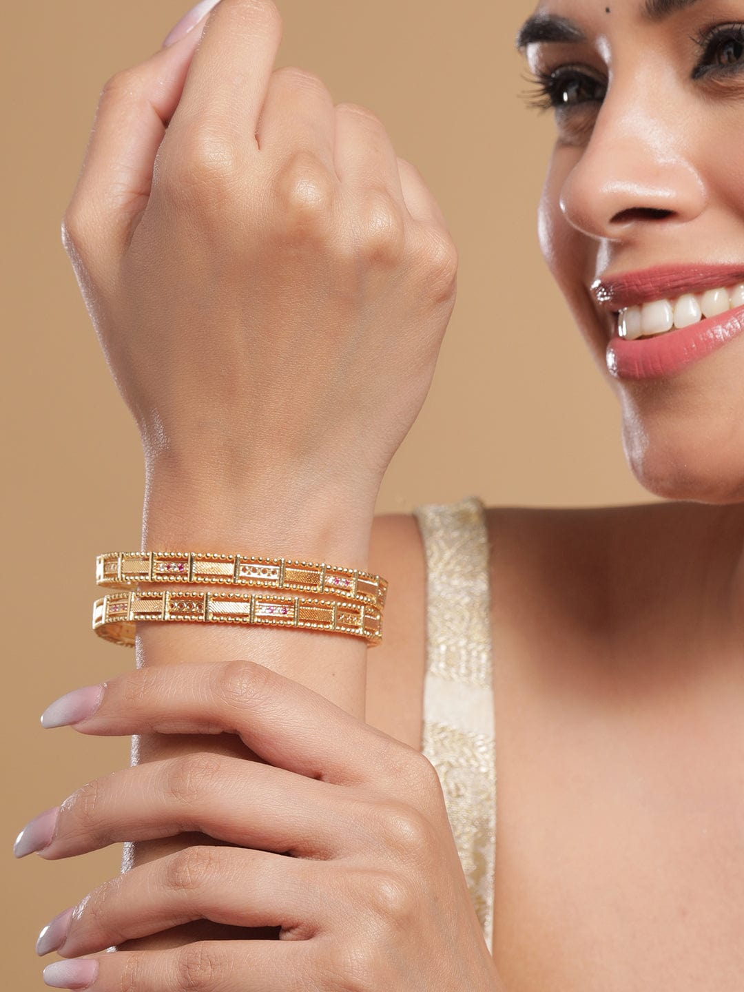 Wentra Set of 2, 18K Gold-Plated Rectangular Motif Bangles with Intricate Detailing