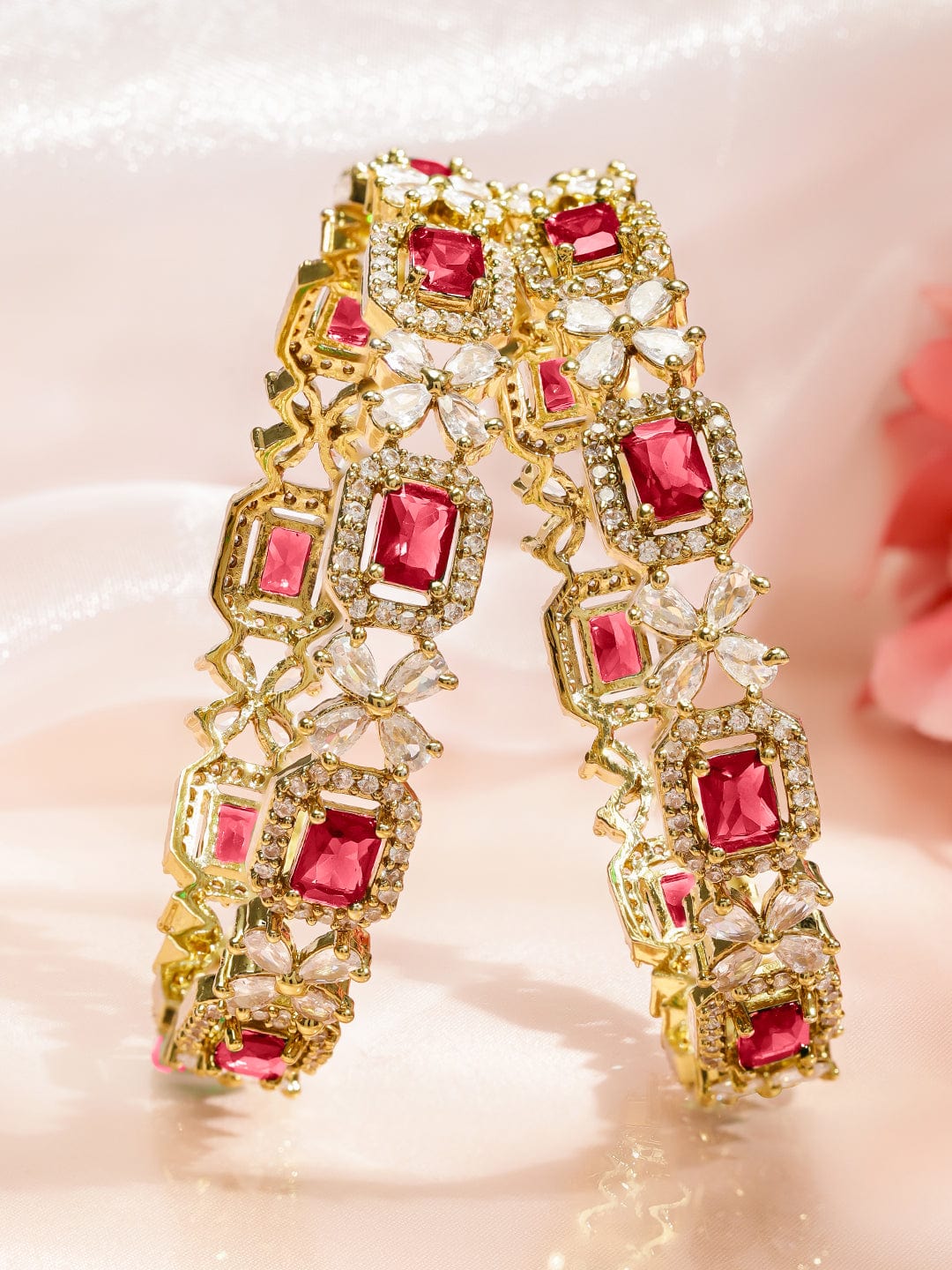 Wentra Set of 2 18K Gold-Plated Ruby Red & White Zirconia Studded Floral Design Bangles