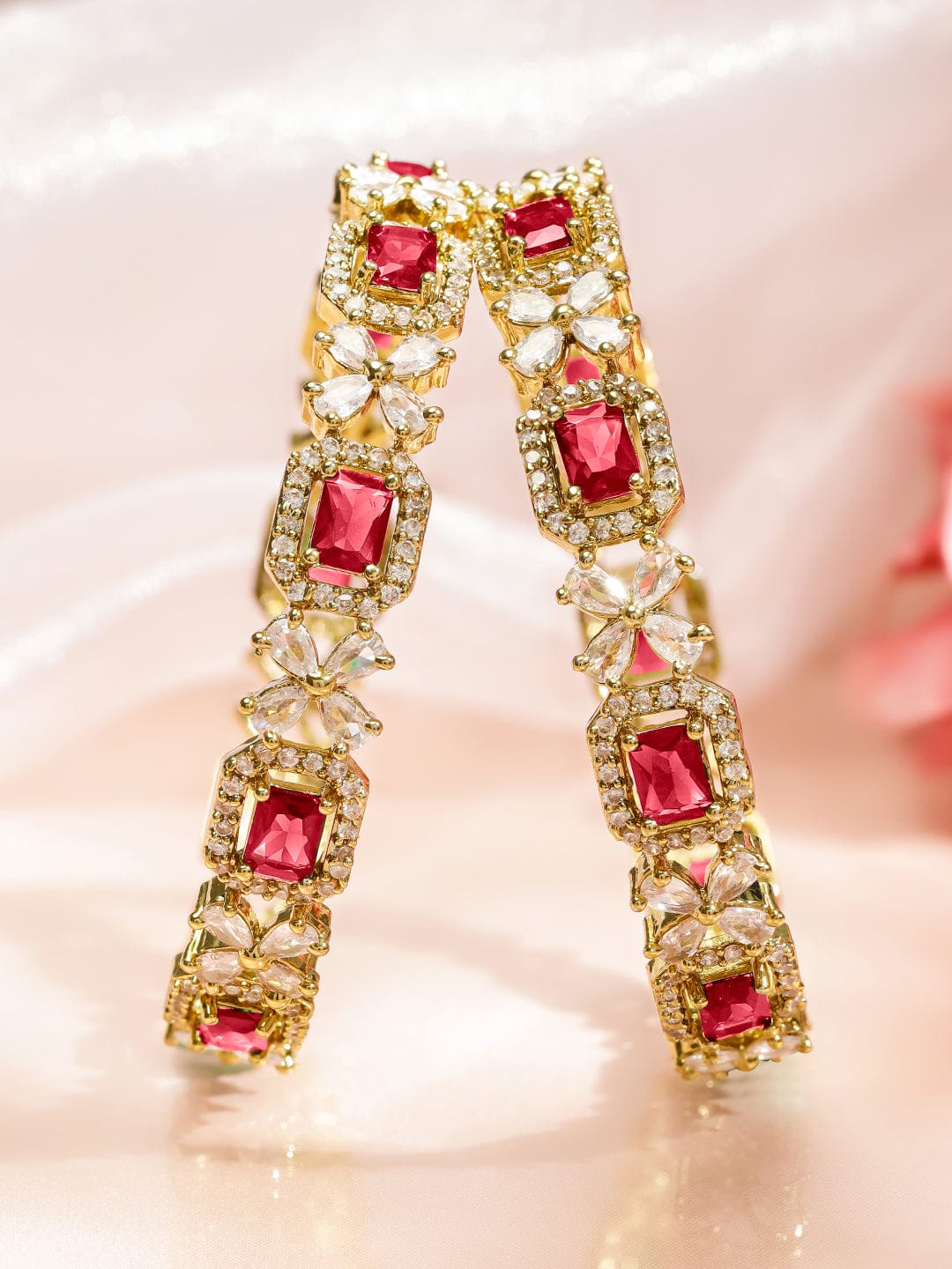 Wentra Set of 2 18K Gold-Plated Ruby Red & White Zirconia Studded Floral Design Bangles