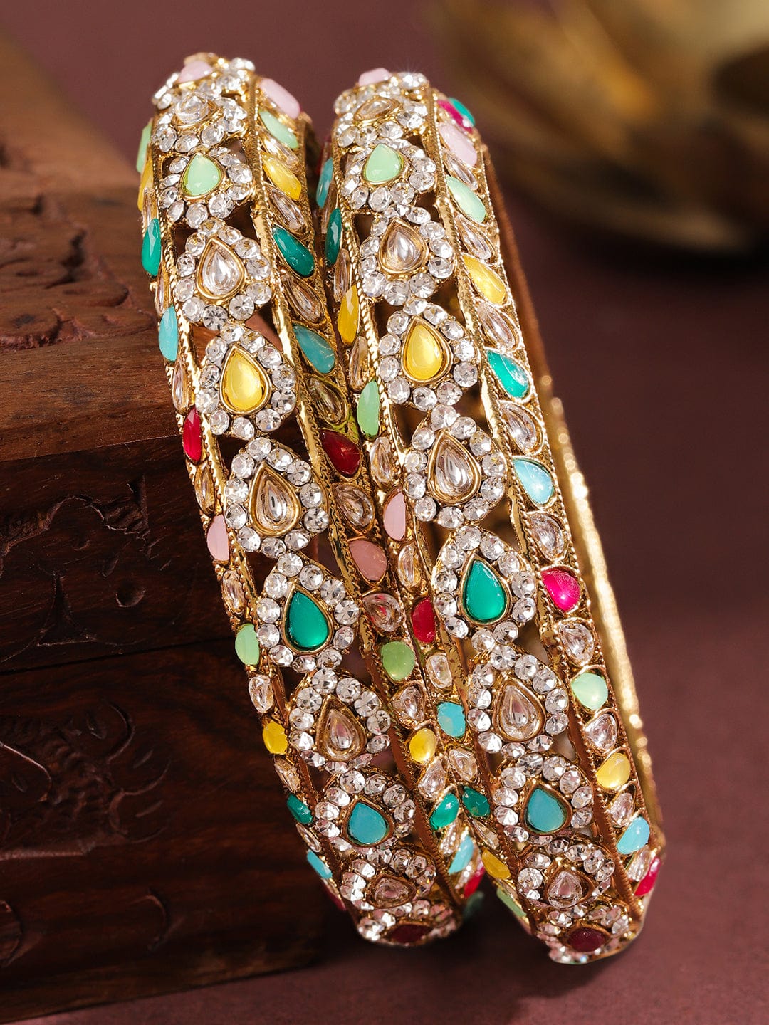 Wentra Set of 2 18K Mehandi Gold-Plated Multicolor Kundan & Zirconia Studded Designer Bangles