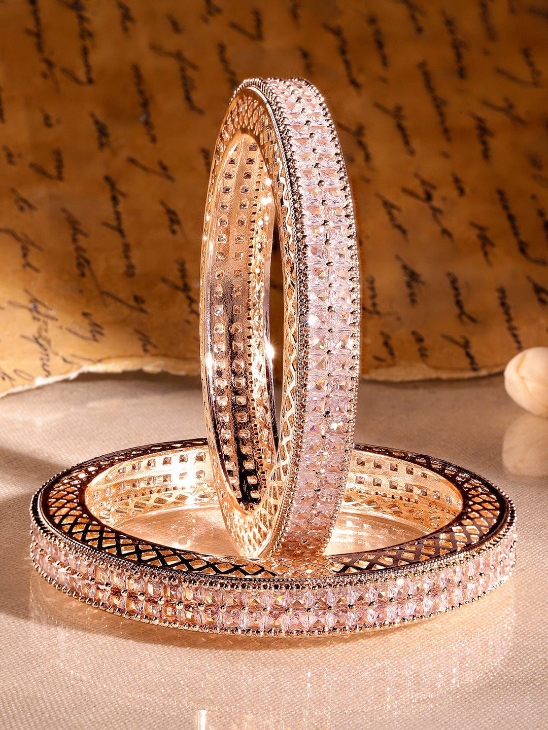 Wentra Set of 2 18K Rose Gold-Plated White Cubic Zirconia Studded Luxe Bangles for Women