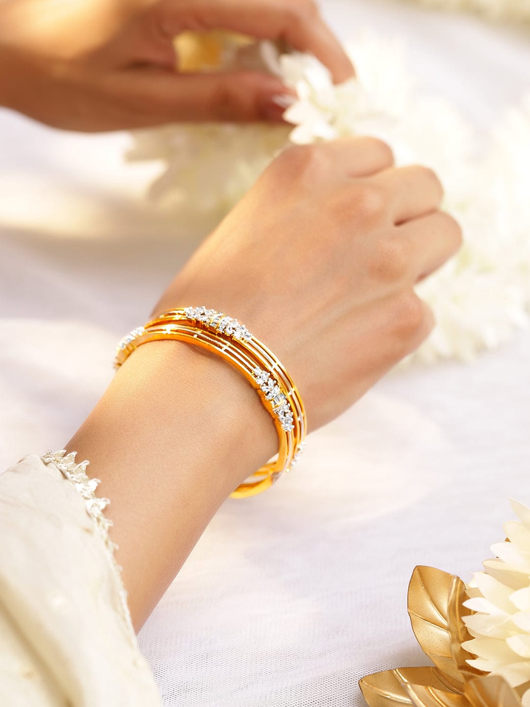 Wentra Set of 2, 22K Gold-Plated & Rhodium Accent Cubic Zirconia Studded Bangles