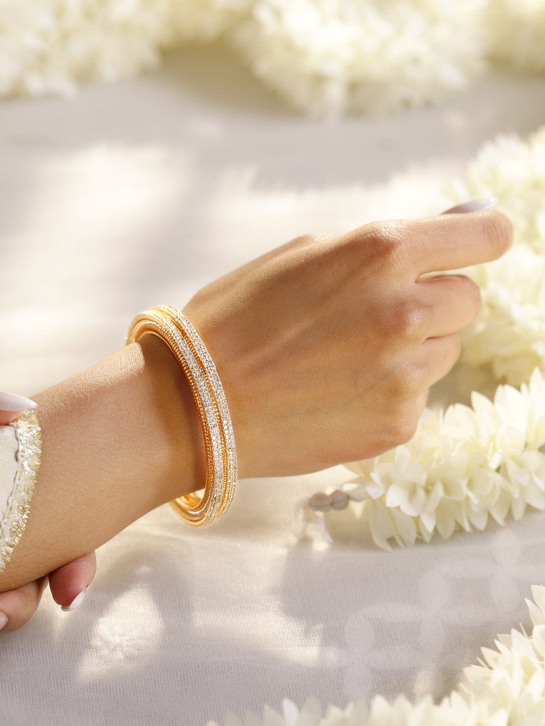 Wentra Set of 2, 22K Gold-Plated Cubic Zirconia Studded Sparkling Premium Bangles