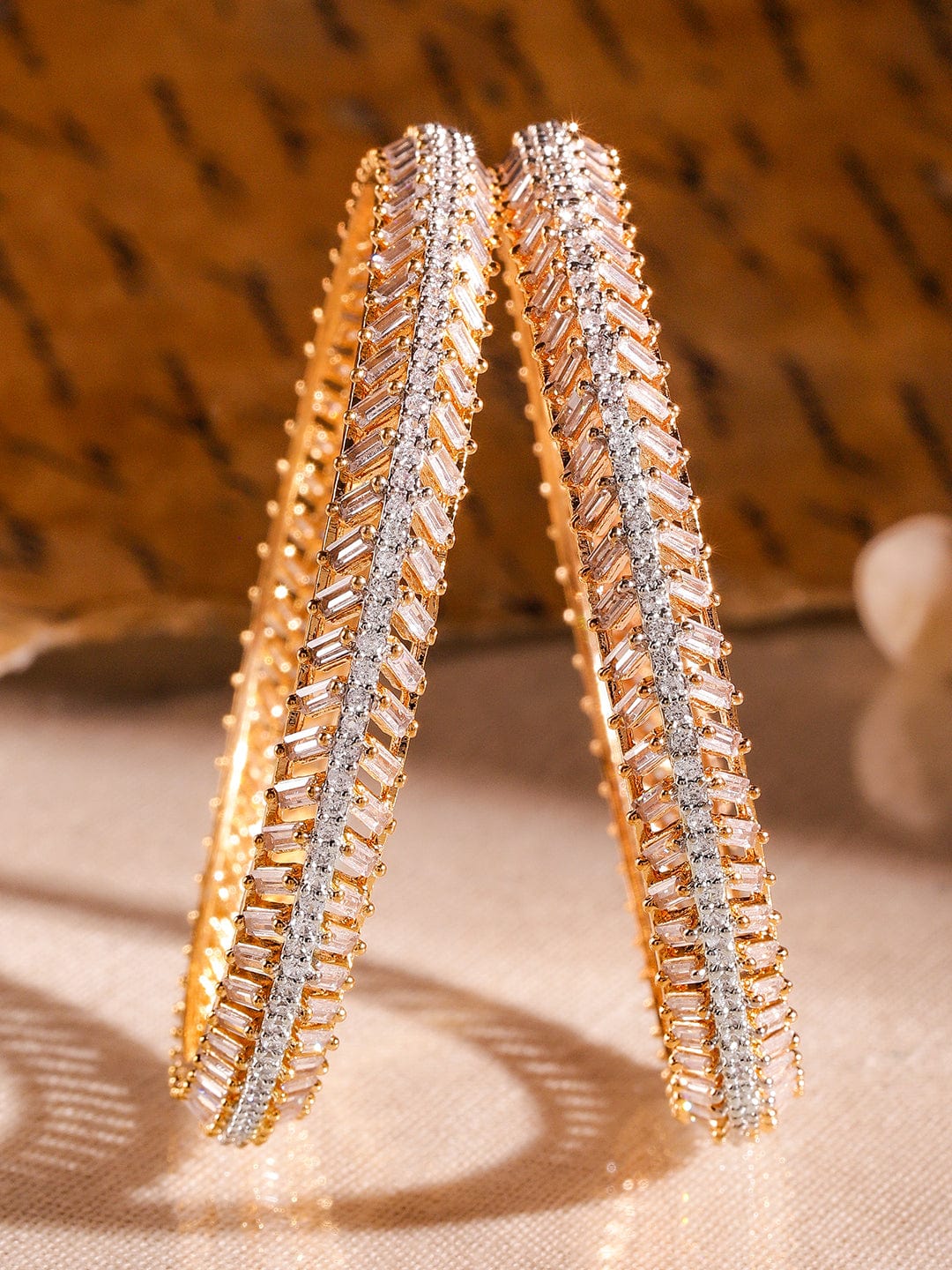 Wentra Set of 2 22K Gold-Plated Dual-Tone Cubic Zirconia Studded Handcrafted Premium Bangles