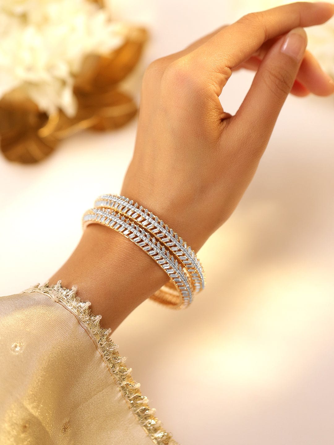 Wentra Set of 2 22K Gold-Plated Dual-Tone Cubic Zirconia Studded Handcrafted Premium Bangles
