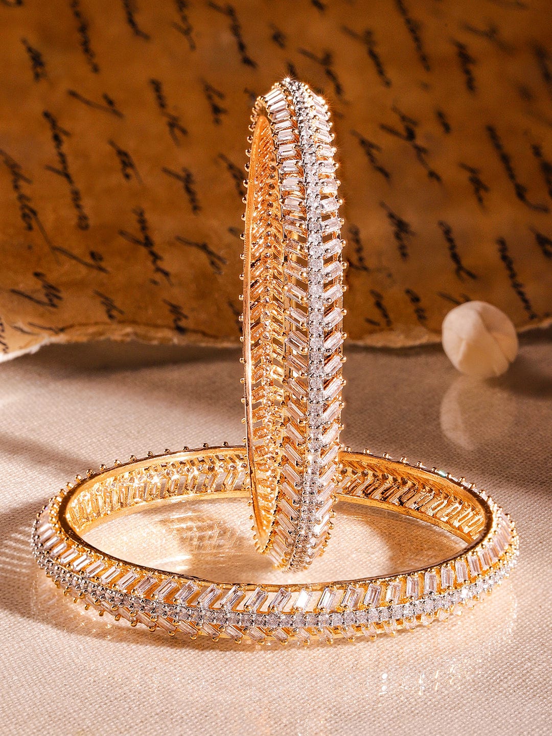 Wentra Set of 2 22K Gold-Plated Dual-Tone Cubic Zirconia Studded Handcrafted Premium Bangles