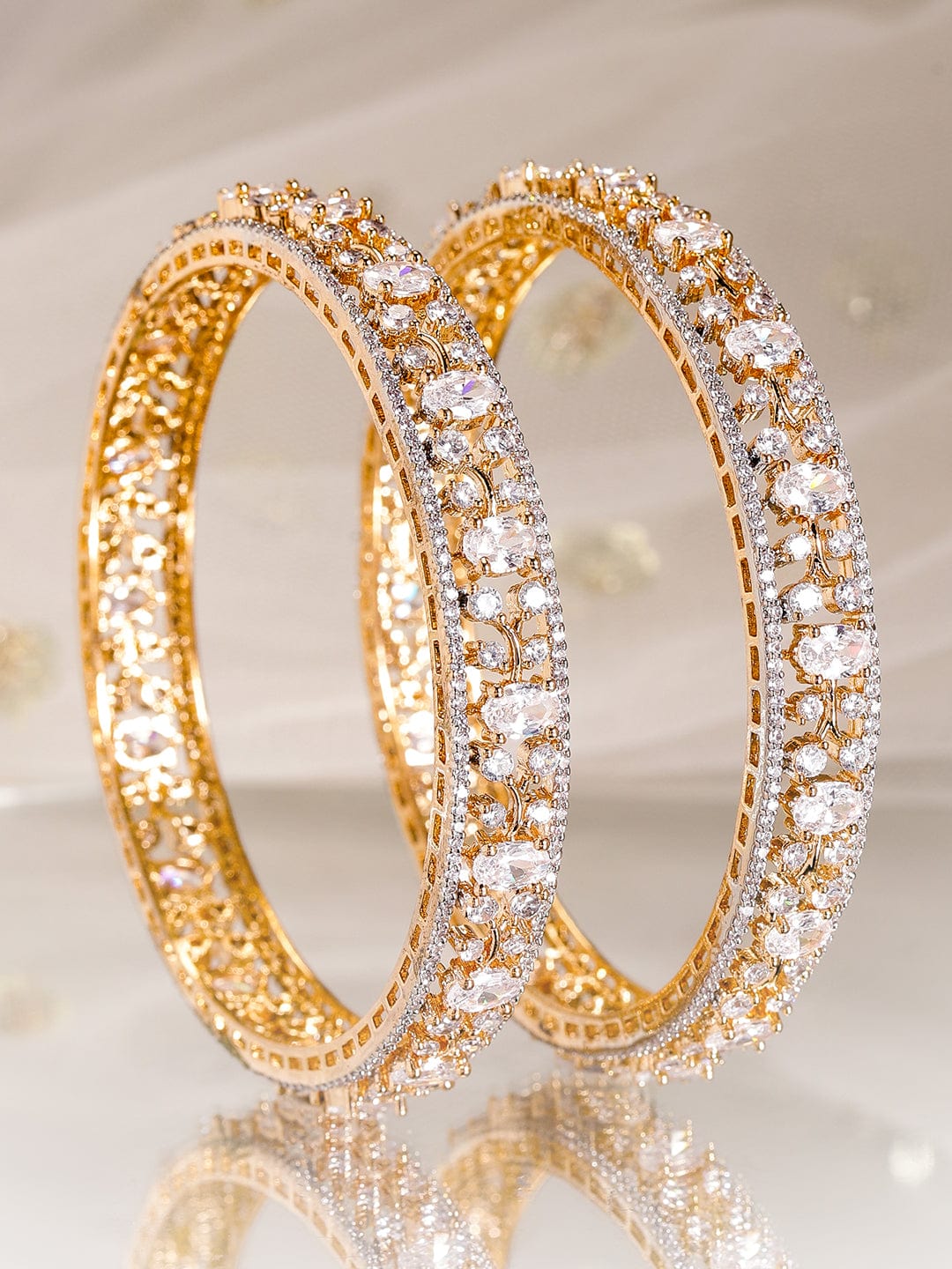 Wentra Set of 2, 22K Gold-Plated Dual-Tone Cubic Zirconia Studded Handcrafted Premium Bangles (Copy)