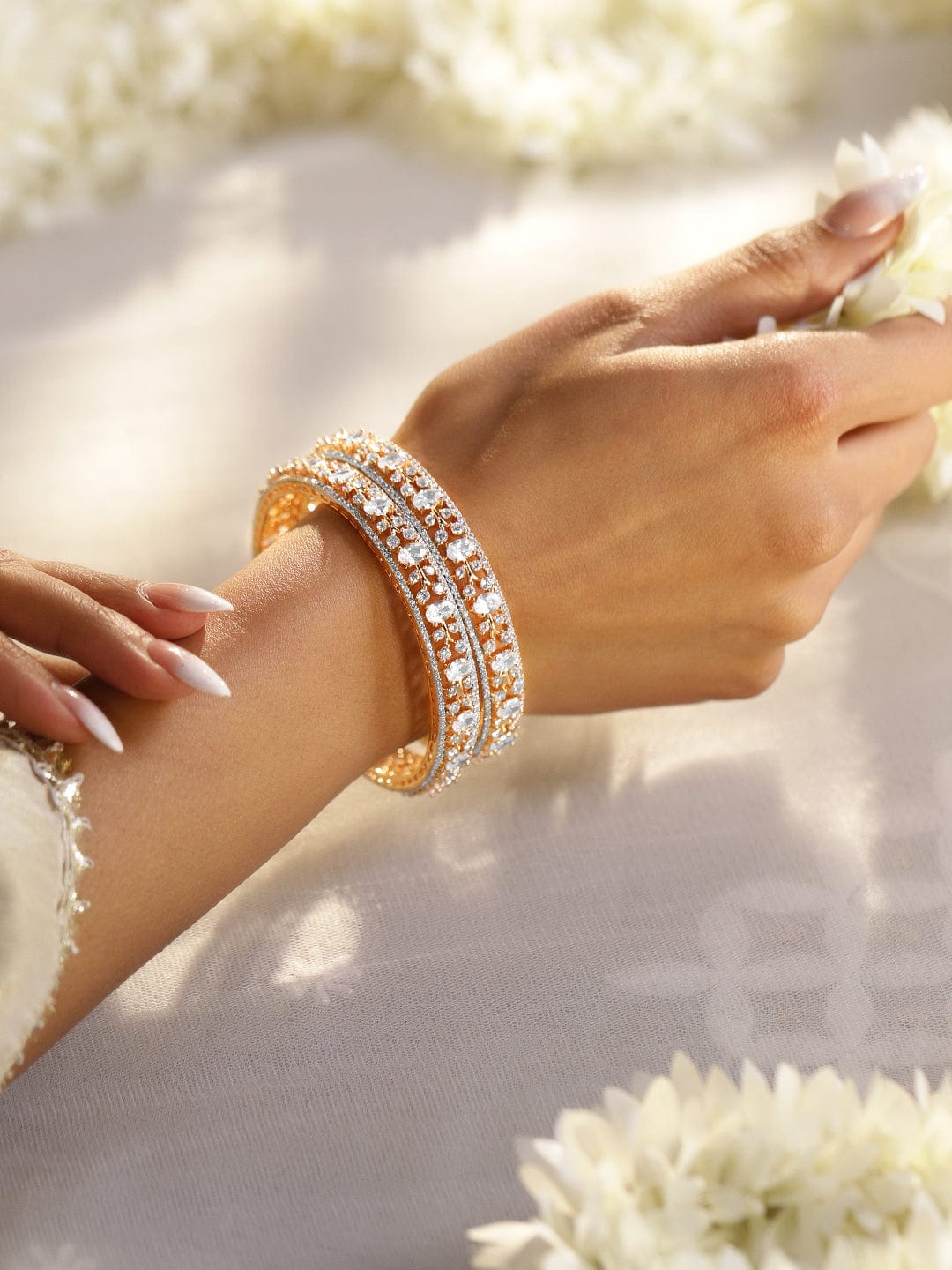 Wentra Set of 2, 22K Gold-Plated Dual-Tone Cubic Zirconia Studded Handcrafted Premium Bangles (Copy)