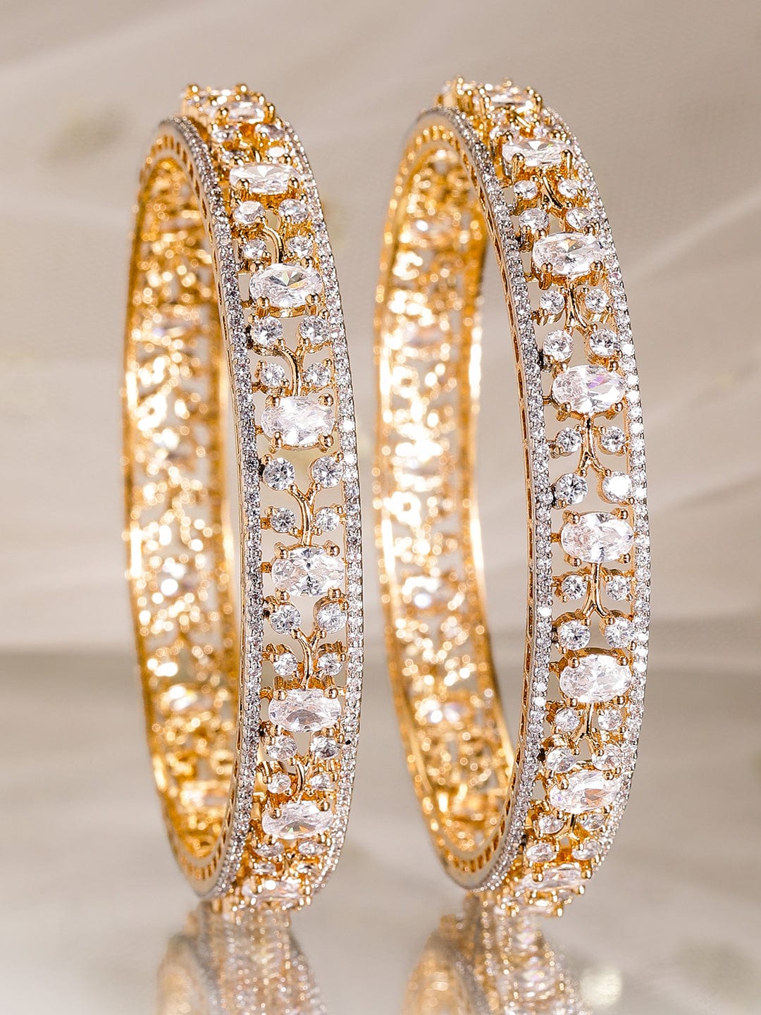 Wentra Set of 2, 22K Gold-Plated Dual-Tone Cubic Zirconia Studded Handcrafted Premium Bangles (Copy)