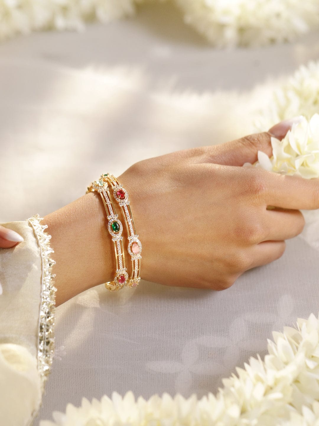 Wentra Set Of 2 22K Gold-Plated Multicolor Gemstone & Cubic Zirconia-Studded Bangles