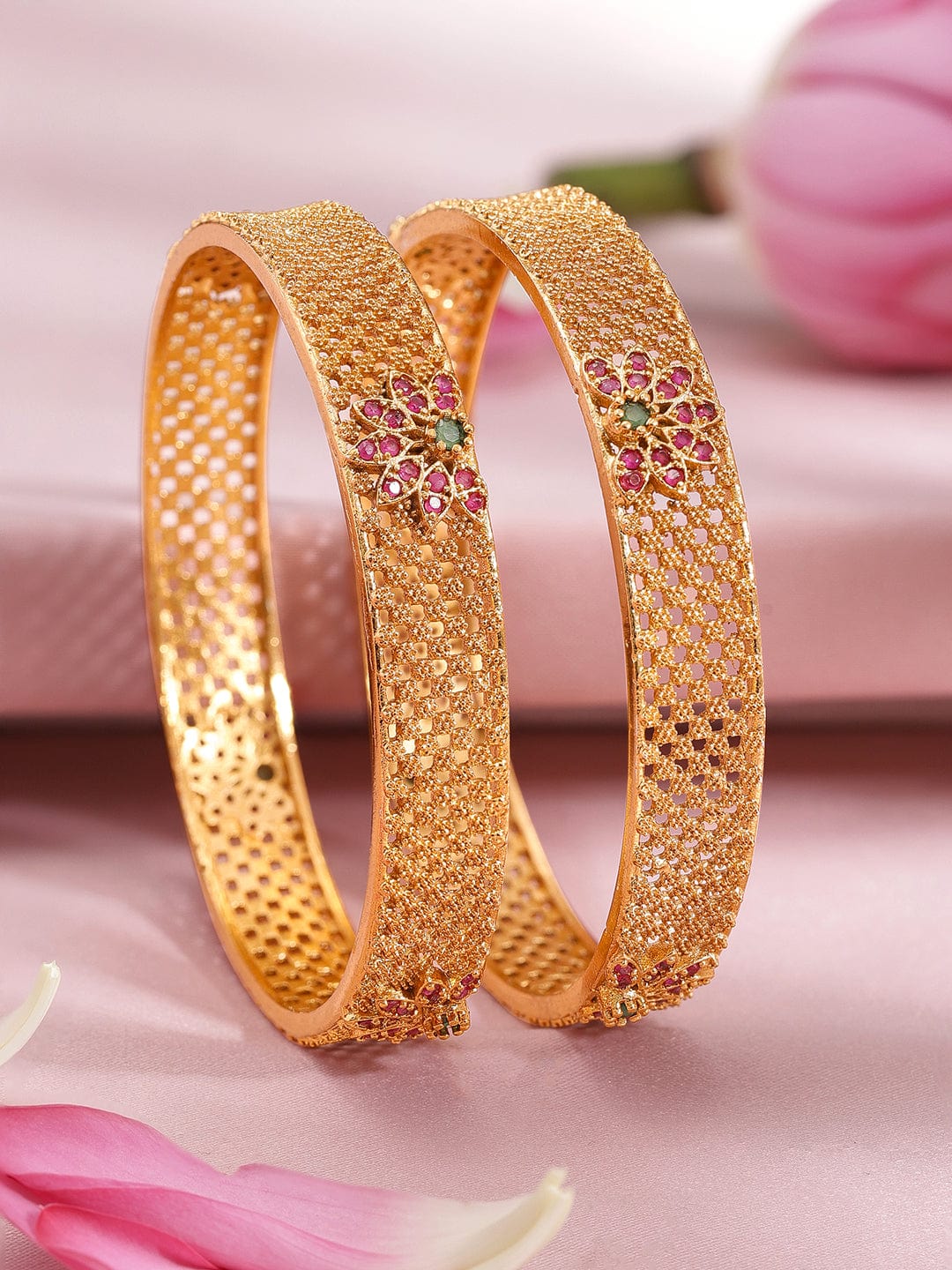 Wentra Set of 2 22K Gold Plated Ruby Pink & Emerald Green Stone Studded Bangles
