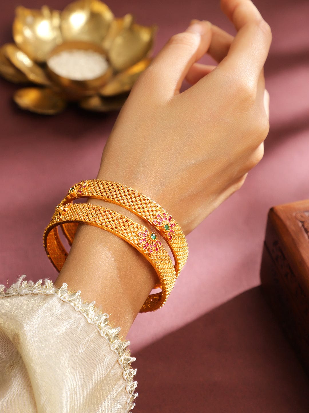 Wentra Set of 2 22K Gold Plated Ruby Pink & Emerald Green Stone Studded Bangles