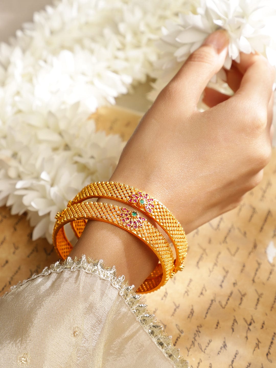 Wentra Set of 2 22K Gold Plated Ruby Pink & Emerald Green Stone Studded Bangles