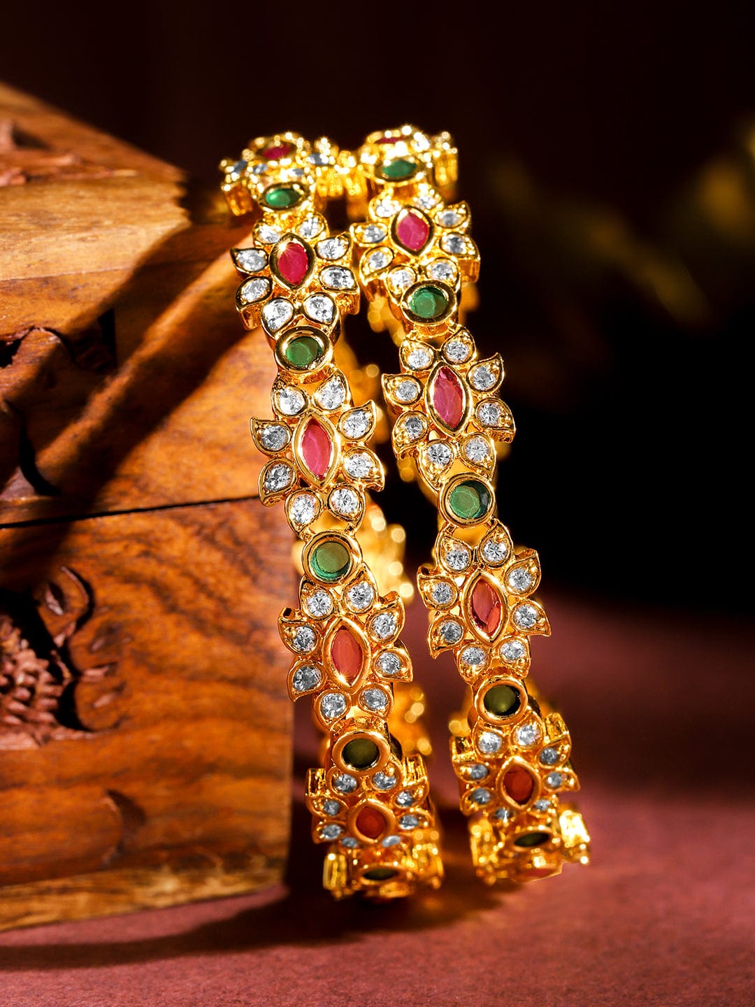 Wentra Set of 2, 22K Gold-Plated Ruby Pink & Emerald Green Stone Studded Handcrafted Bangles