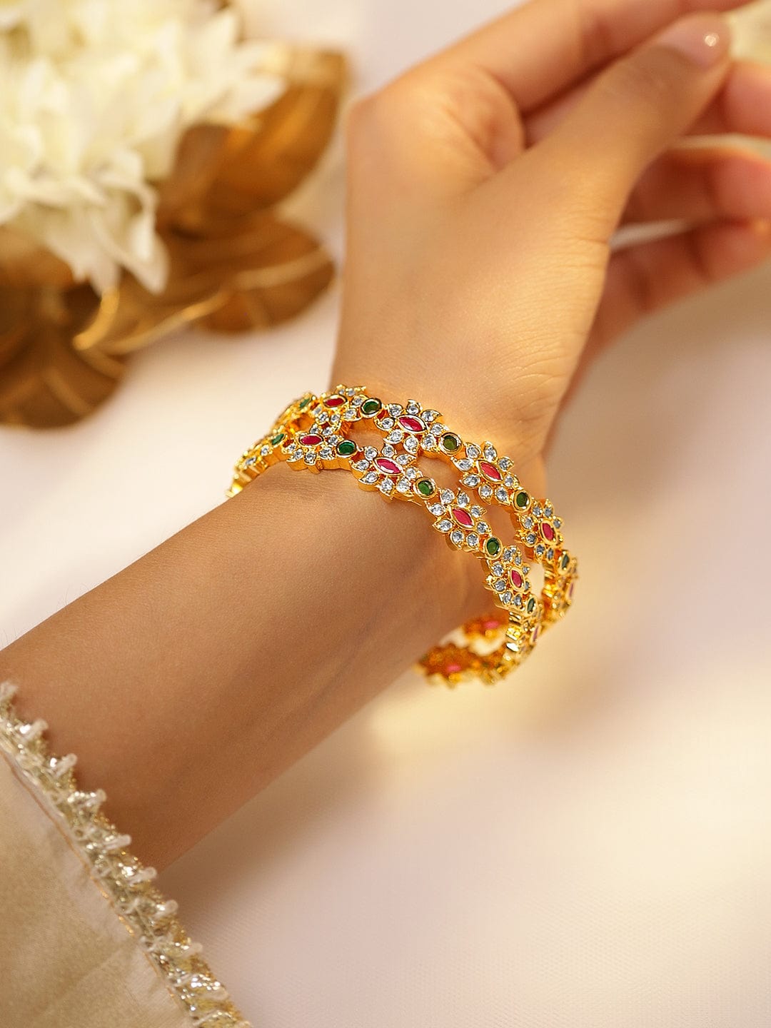 Wentra Set of 2, 22K Gold-Plated Ruby Pink & Emerald Green Stone Studded Handcrafted Bangles