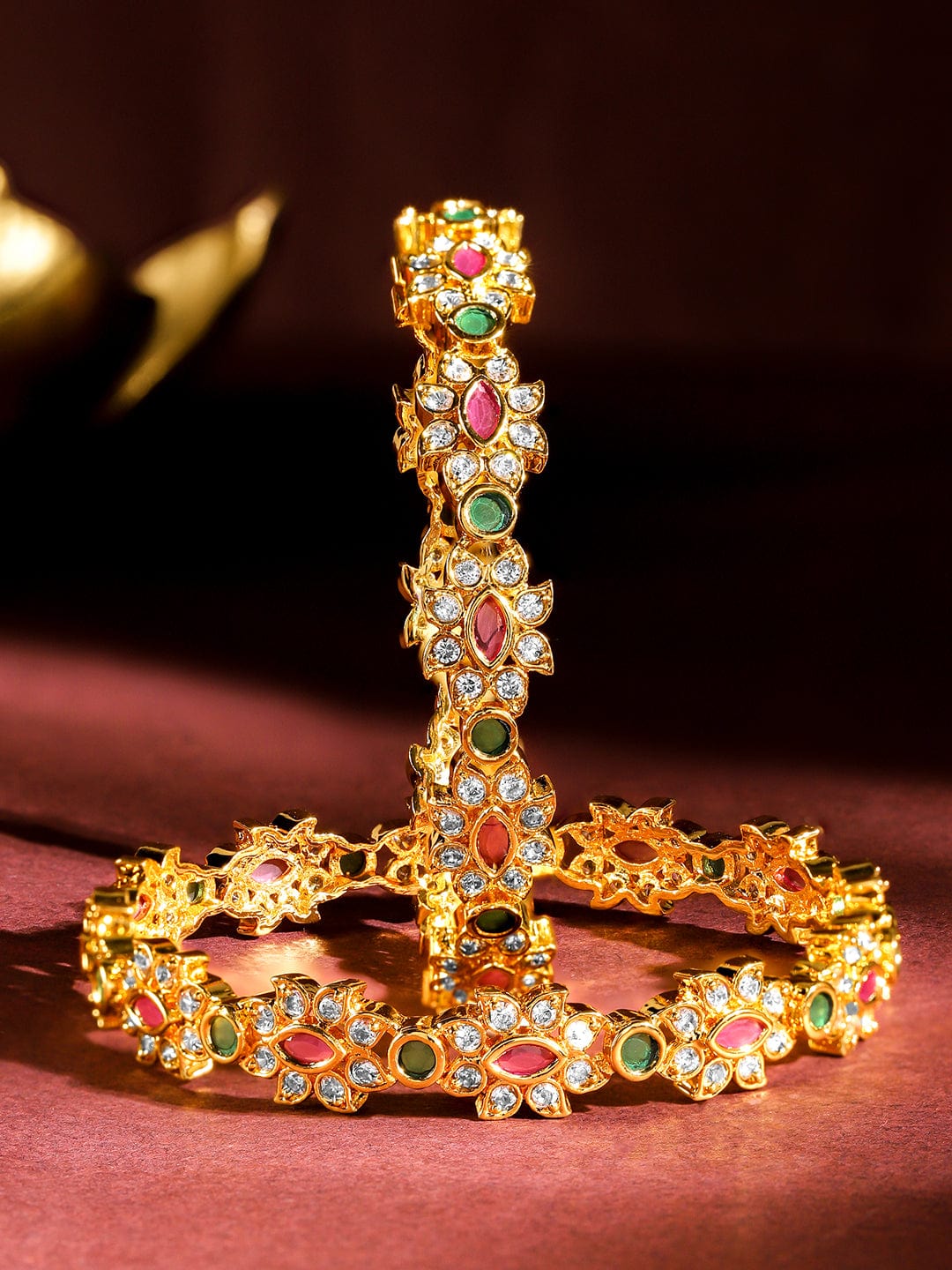 Wentra Set of 2, 22K Gold-Plated Ruby Pink & Emerald Green Stone Studded Handcrafted Bangles
