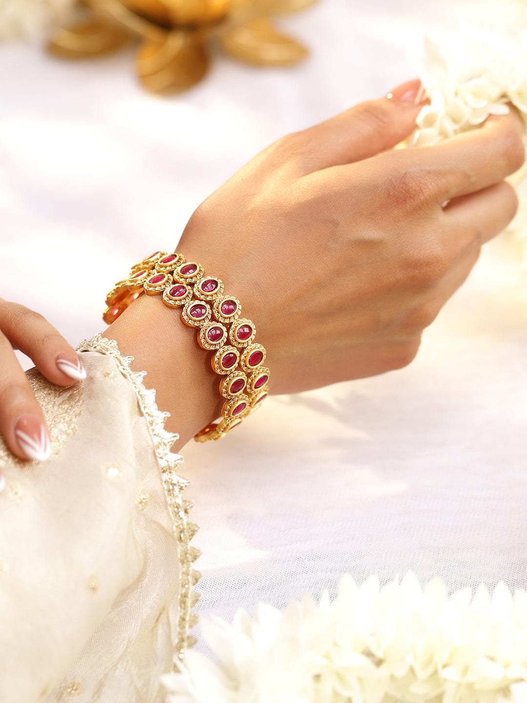 Wentra Set of 2, 22K Gold-Plated Ruby Pink Stone Studded Traditional Bangles