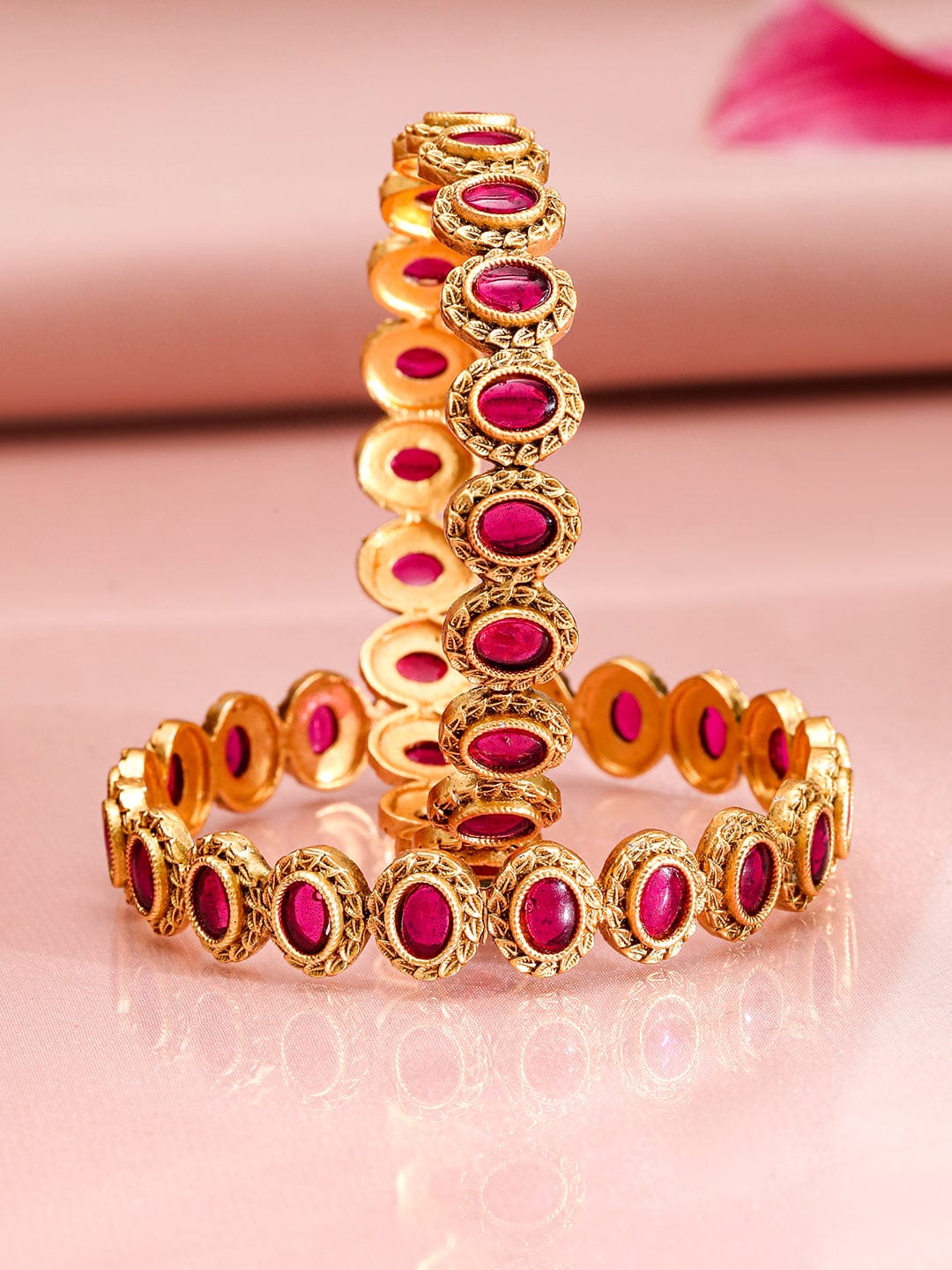 Wentra Set of 2 22K Gold-Plated Ruby Stone Studded Traditional Bangles