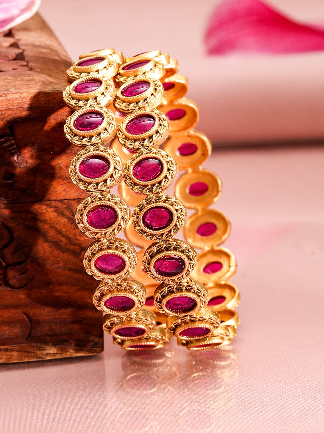 Wentra Set of 2 22K Gold-Plated Ruby Stone Studded Traditional Bangles