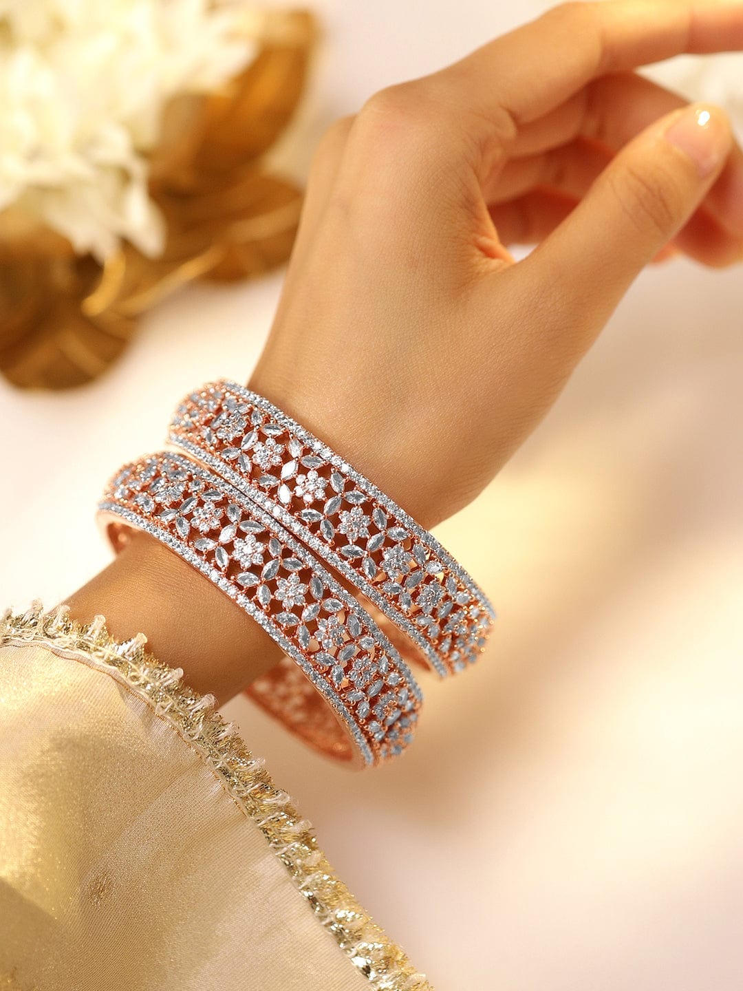 Wentra Set of 2 22K Rose Gold Plated Cubic Zirconia Stone Studded Floral Design Bangles