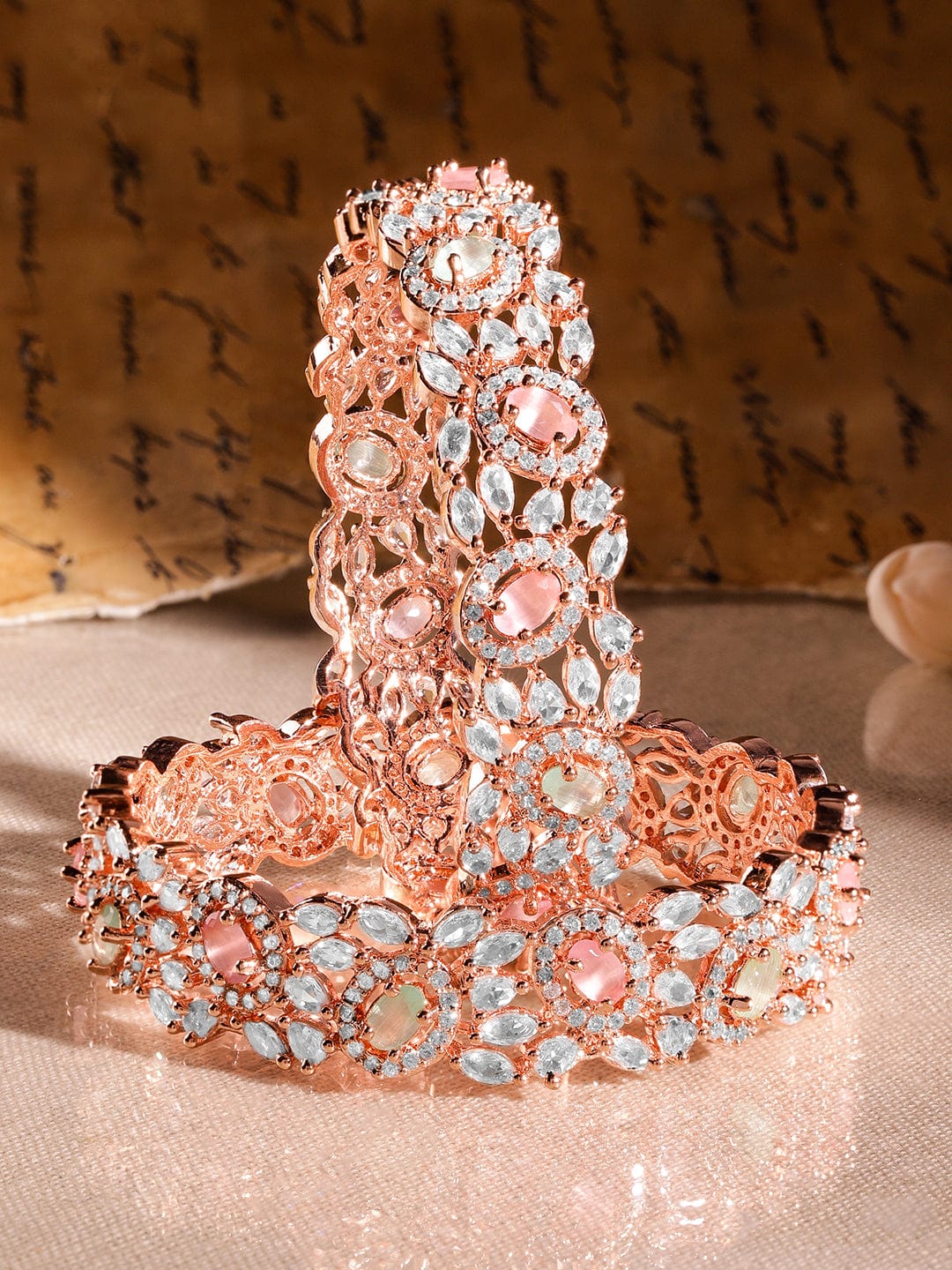 Wentra Set of 2 22K Rose Gold-Plated Pastel Pink, Blue & White Cubic Zirconia Studded Premium Bangles