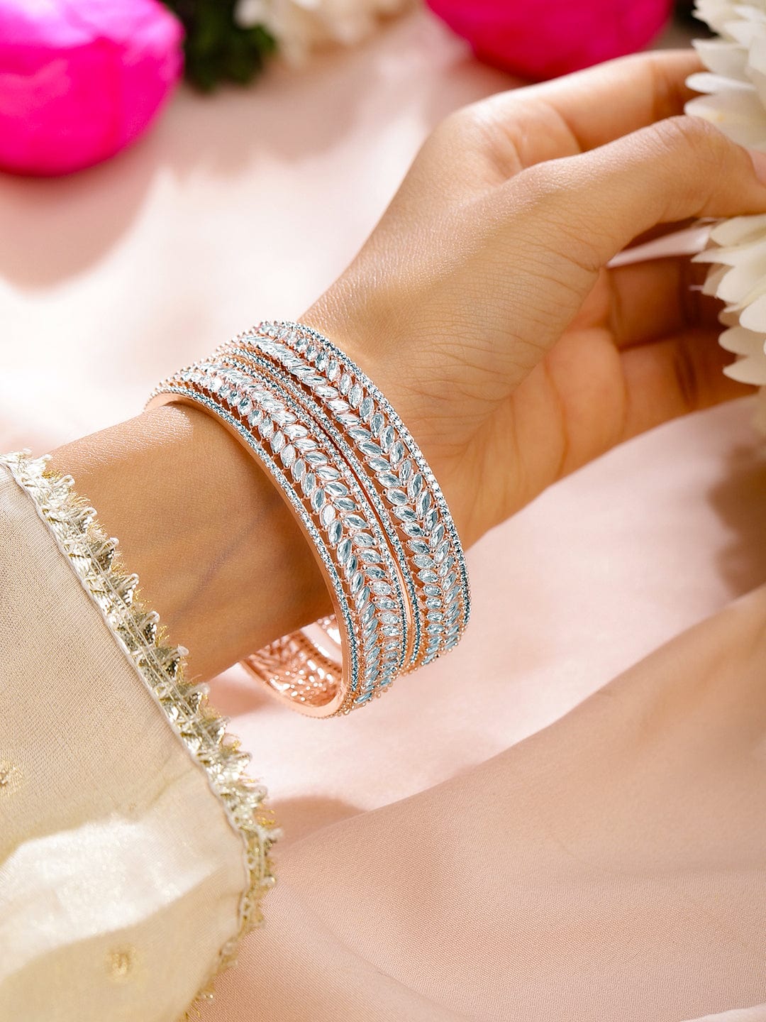 Wentra Set of 2 22K Rose Gold-Plated  White Cubic Zirconia Studded Leaf Motif Handcrafted Premium Bangles