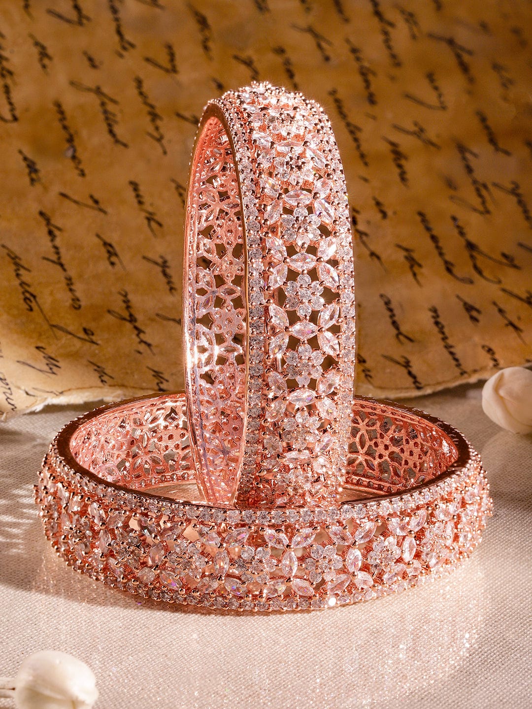 Wentra Set of 2, 22K Rose Gold Plated Zirconia Stone Studded Bangles Floral Design