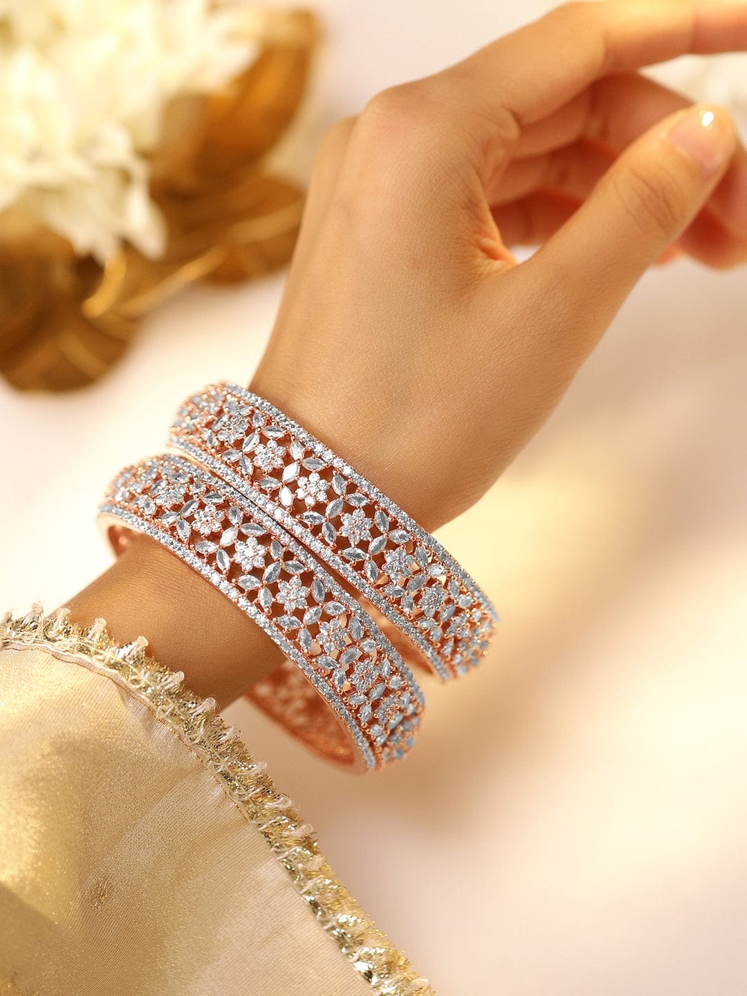 Wentra Set of 2, 22K Rose Gold Plated Zirconia Stone Studded Bangles Floral Design