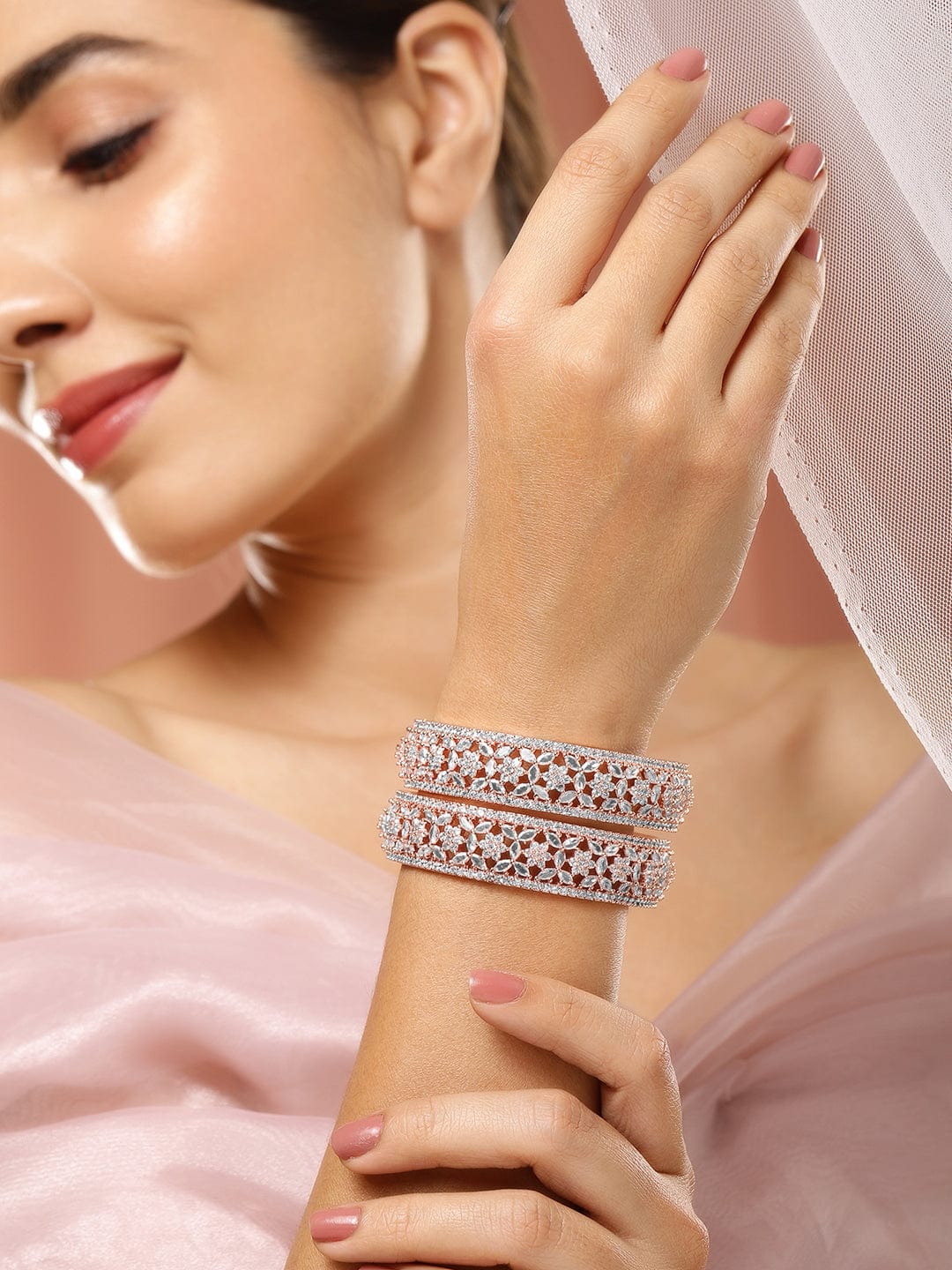 Wentra Set of 2, 22K Rose Gold Plated Zirconia Stone Studded Bangles Floral Design