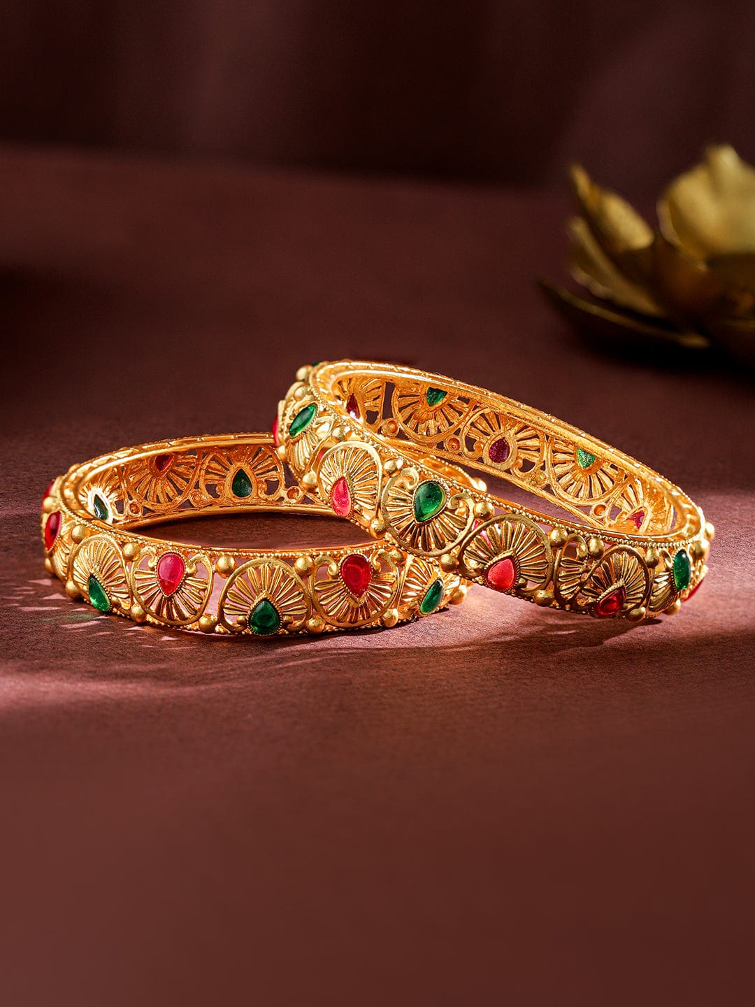 Wentra Set of 2, 24K Gold-Plated Handcrafted Bangles with Ruby Red & Emerald Green Stones