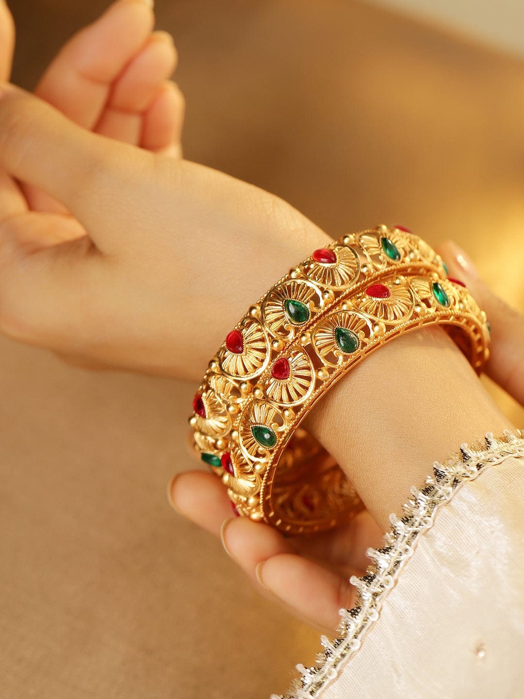 Wentra Set of 2, 24K Gold-Plated Handcrafted Bangles with Ruby Red & Emerald Green Stones