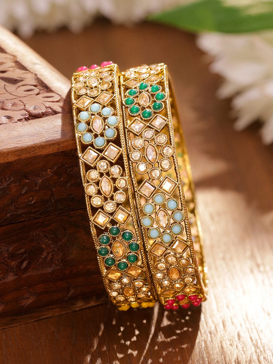 Multicolor Beaded Gold Bangles Set Of 2