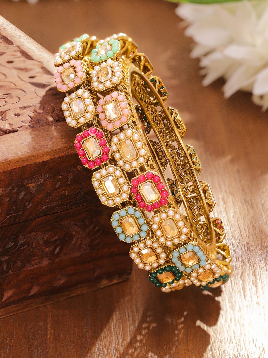 Gold Toned Multicolor Beaded Bangles Set Of 2