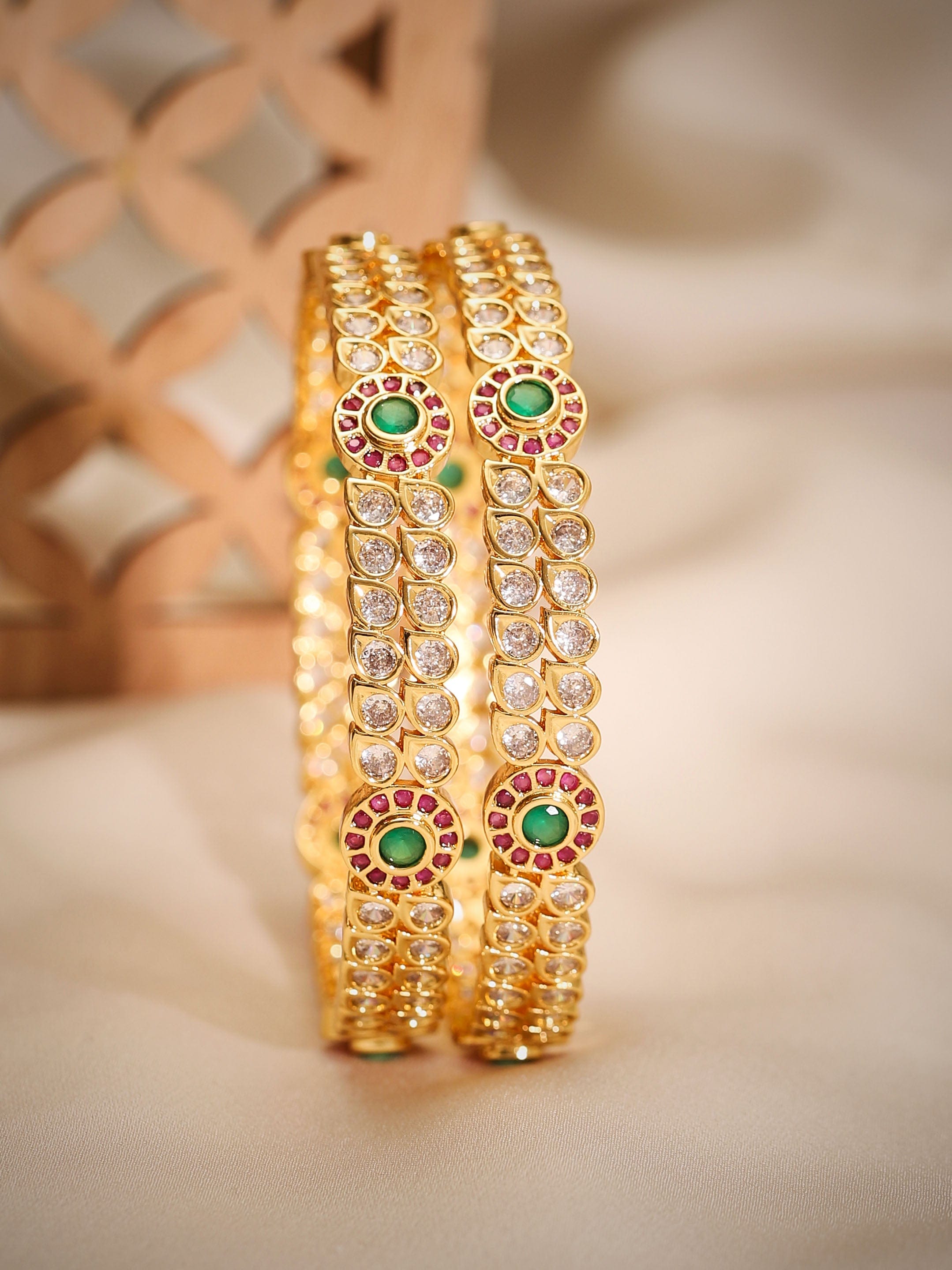 Wentra Set Of 2, 24K Gold Plated Red & Green Zircons Bangles