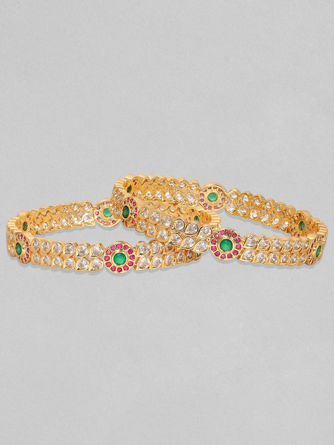 Wentra Set Of 2, 24K Gold Plated Red & Green Zircons Bangles