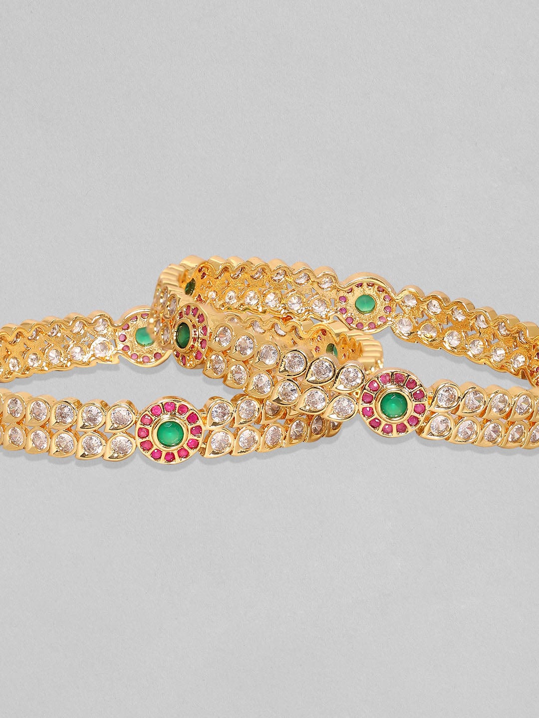 Wentra Set Of 2, 24K Gold Plated Red & Green Zircons Bangles
