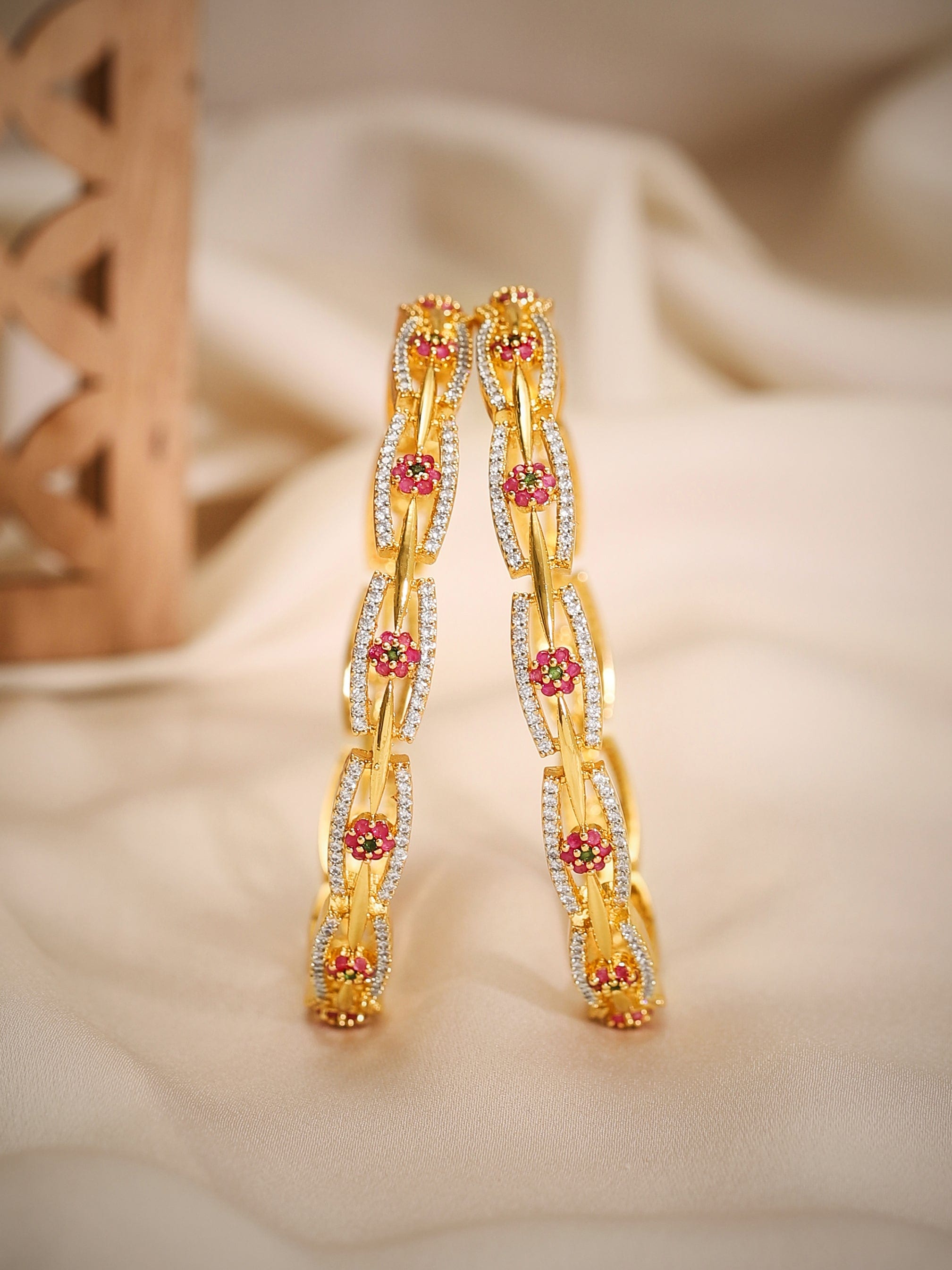 Wentra Set of 2 24K Gold Plated White Red and Green Kundan & Cubic Zirconia Studded Floral Bangles