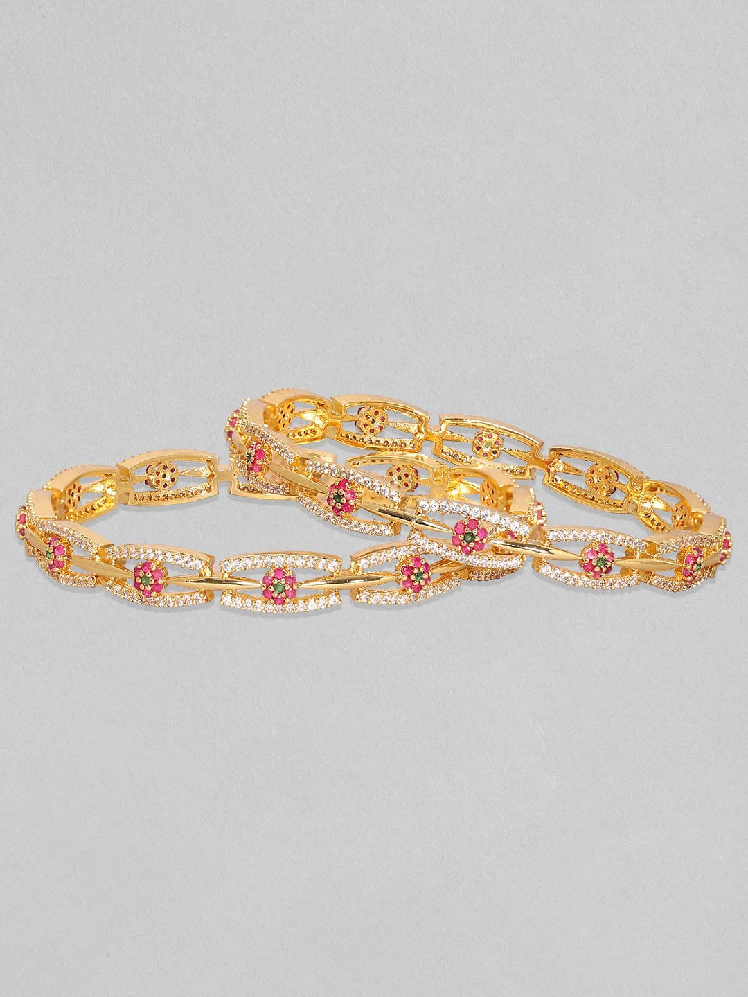 Wentra Set of 2 24K Gold Plated White Red and Green Kundan & Cubic Zirconia Studded Floral Bangles