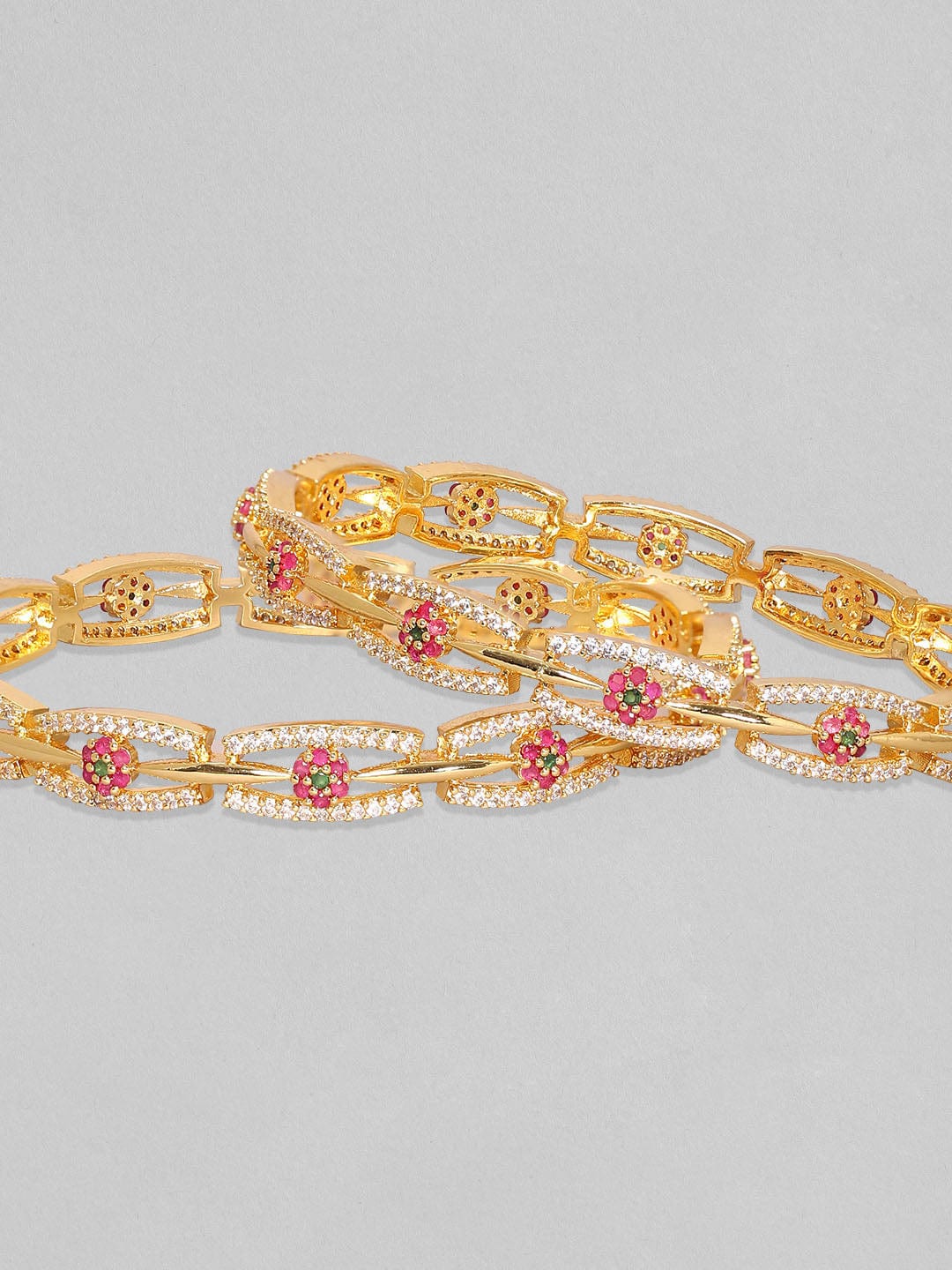 Wentra Set of 2 24K Gold Plated White Red and Green Kundan & Cubic Zirconia Studded Floral Bangles