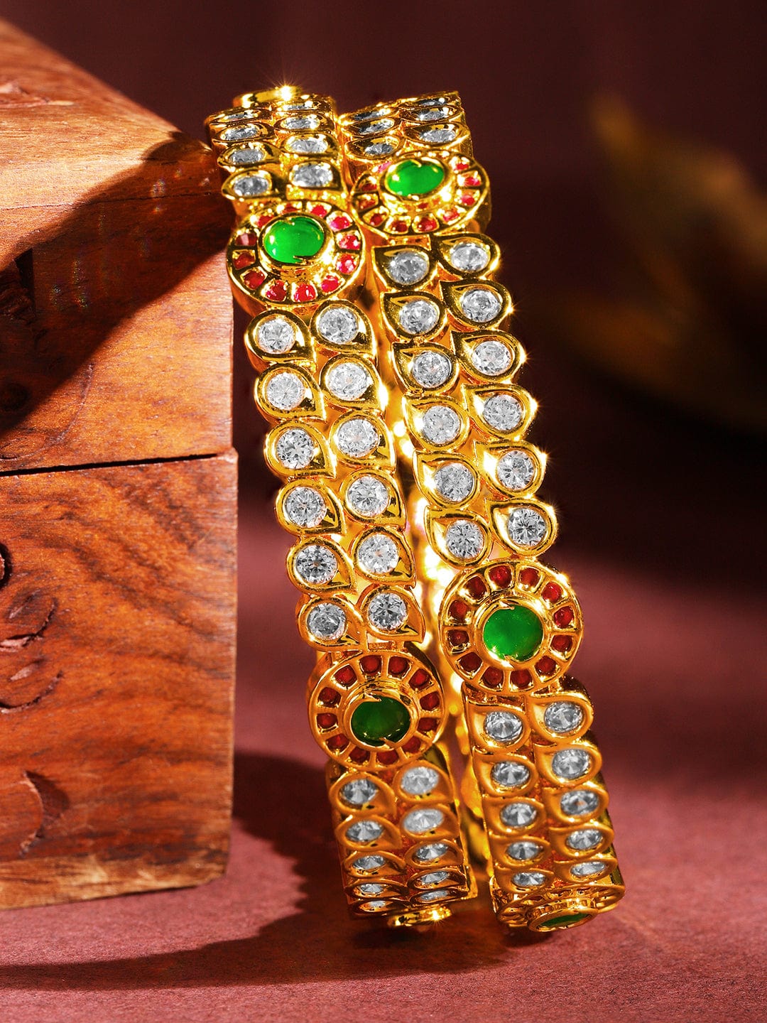 Wentra Set Of 2 24K Gold-Plated Ruby Pink & Emerald Green Kundan & White Cubic Zirconia Studded Handcrafted Bangles