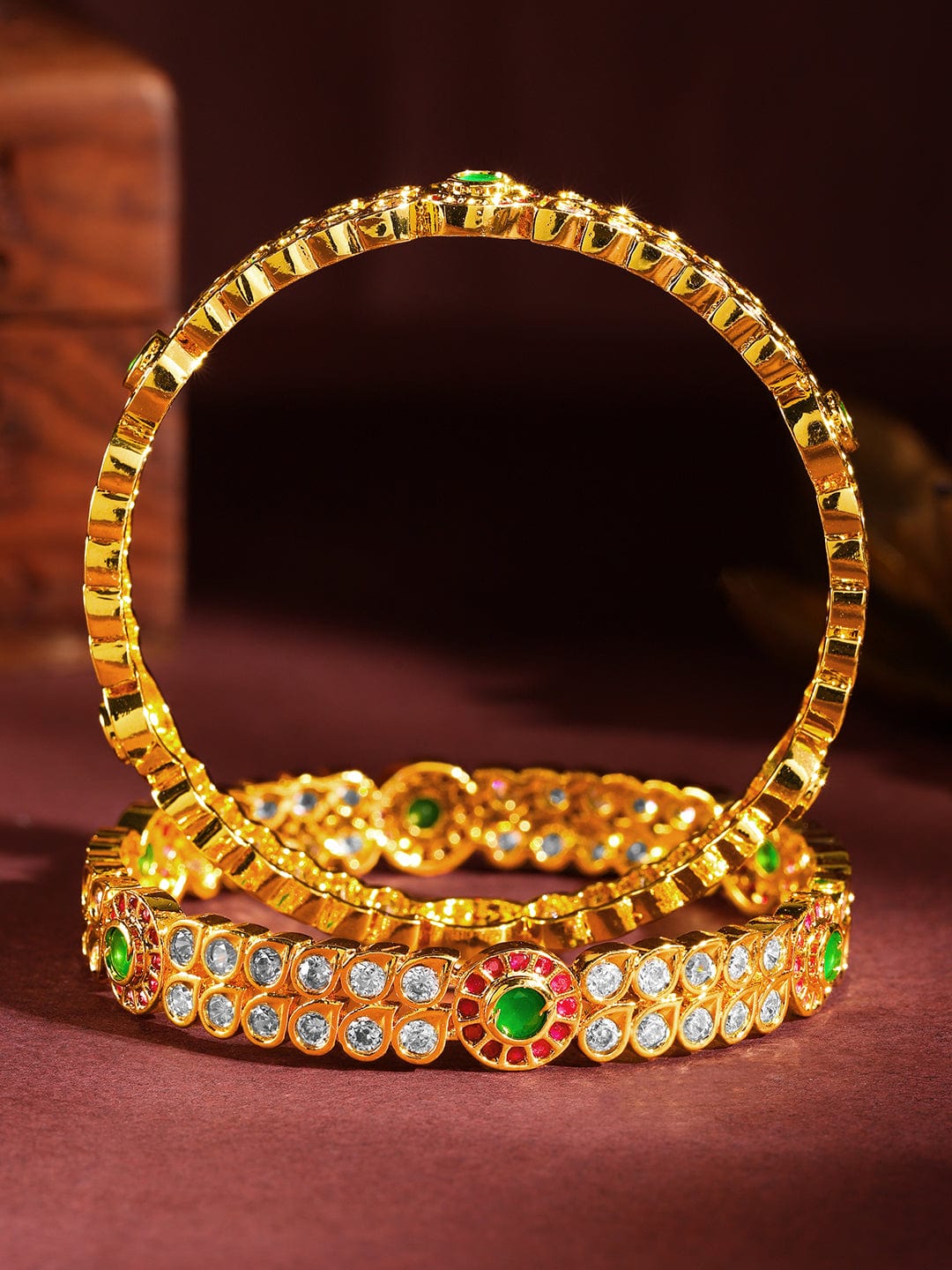 Wentra Set Of 2 24K Gold-Plated Ruby Pink & Emerald Green Kundan & White Cubic Zirconia Studded Handcrafted Bangles