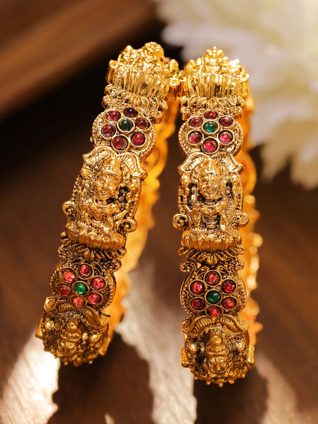 Wentra Set of 2 24K Gold-Plated Ruby Red & Green Stone Studded Temple Bangles with Lakshmi Motif