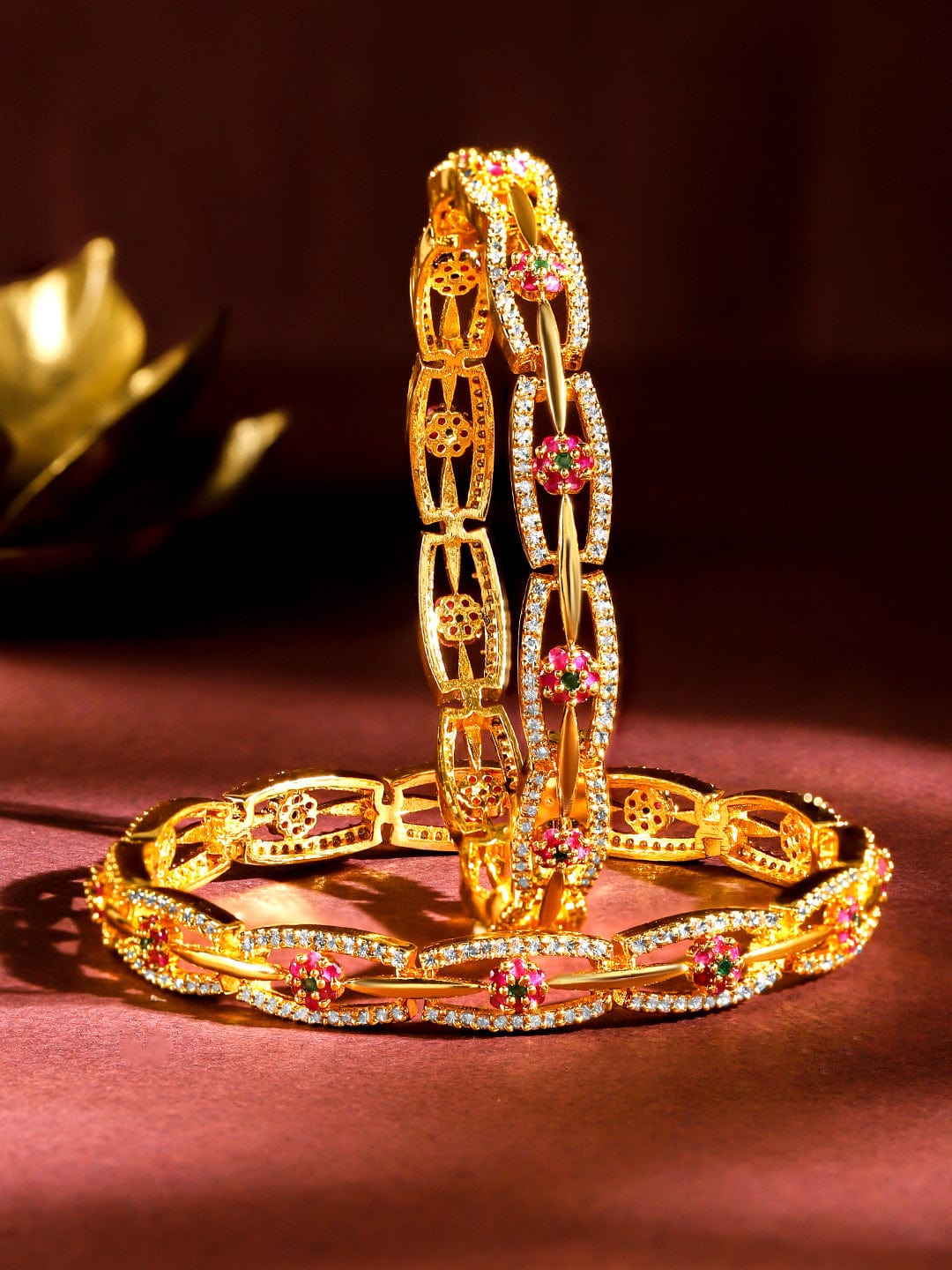 Wentra Set of 2 24K Gold Plated White Red and Green Kundan & Cubic Zirconia Studded Floral Bangles