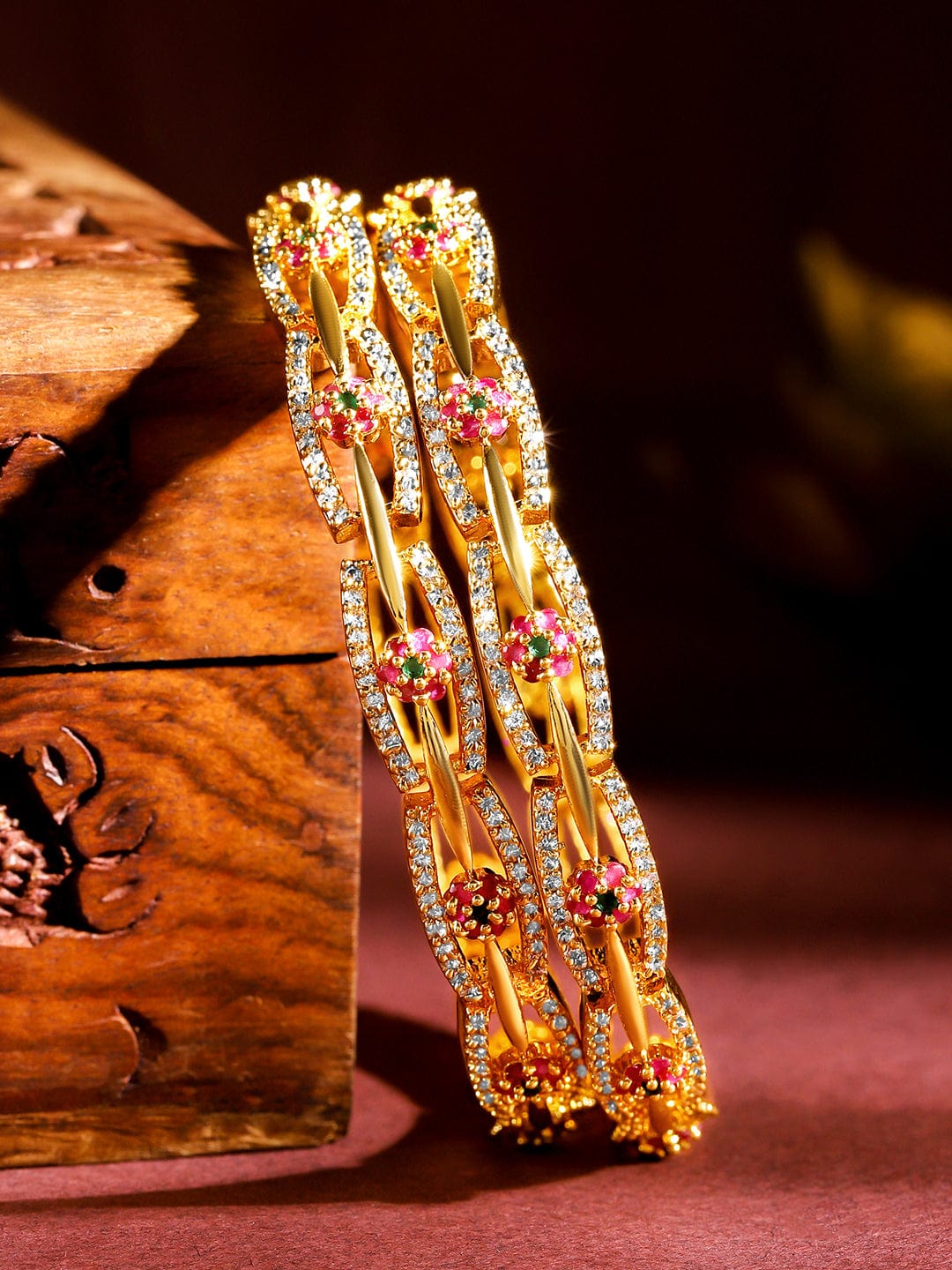 Wentra Set of 2 24K Gold Plated White Red and Green Kundan & Cubic Zirconia Studded Floral Bangles