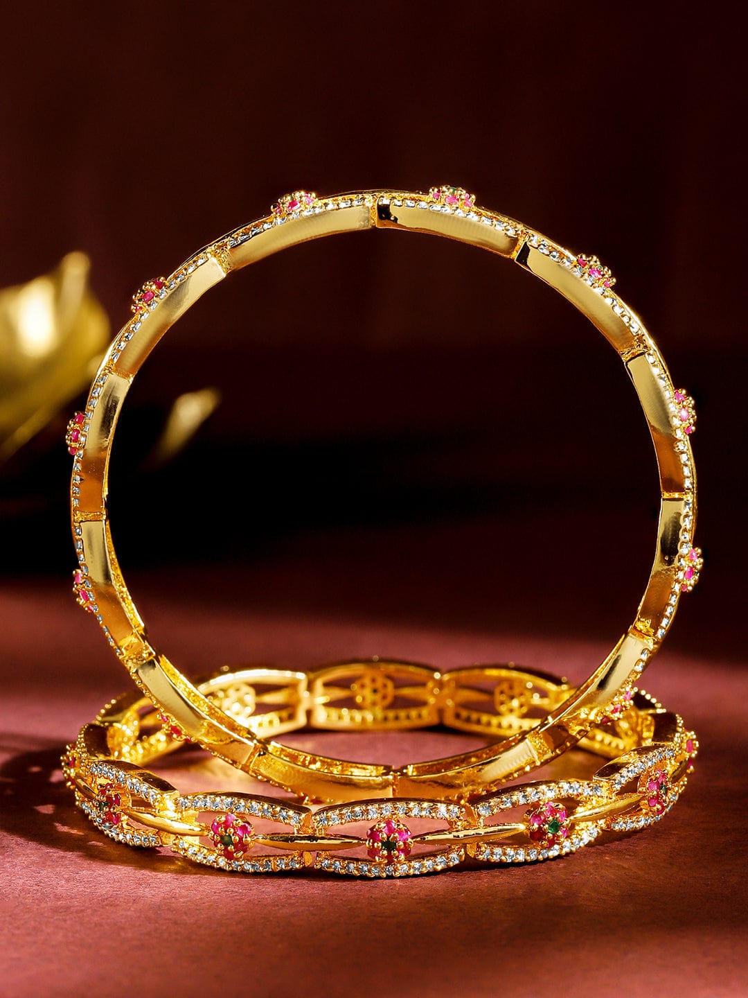 Wentra Set of 2 24K Gold Plated White Red and Green Kundan & Cubic Zirconia Studded Floral Bangles