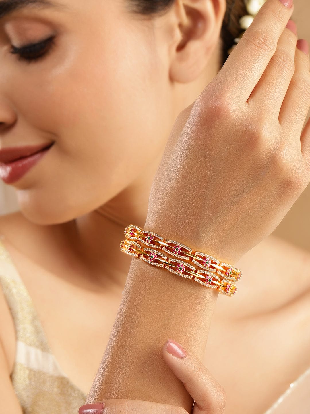Wentra Set of 2 24K Gold Plated White Red and Green Kundan & Cubic Zirconia Studded Floral Bangles