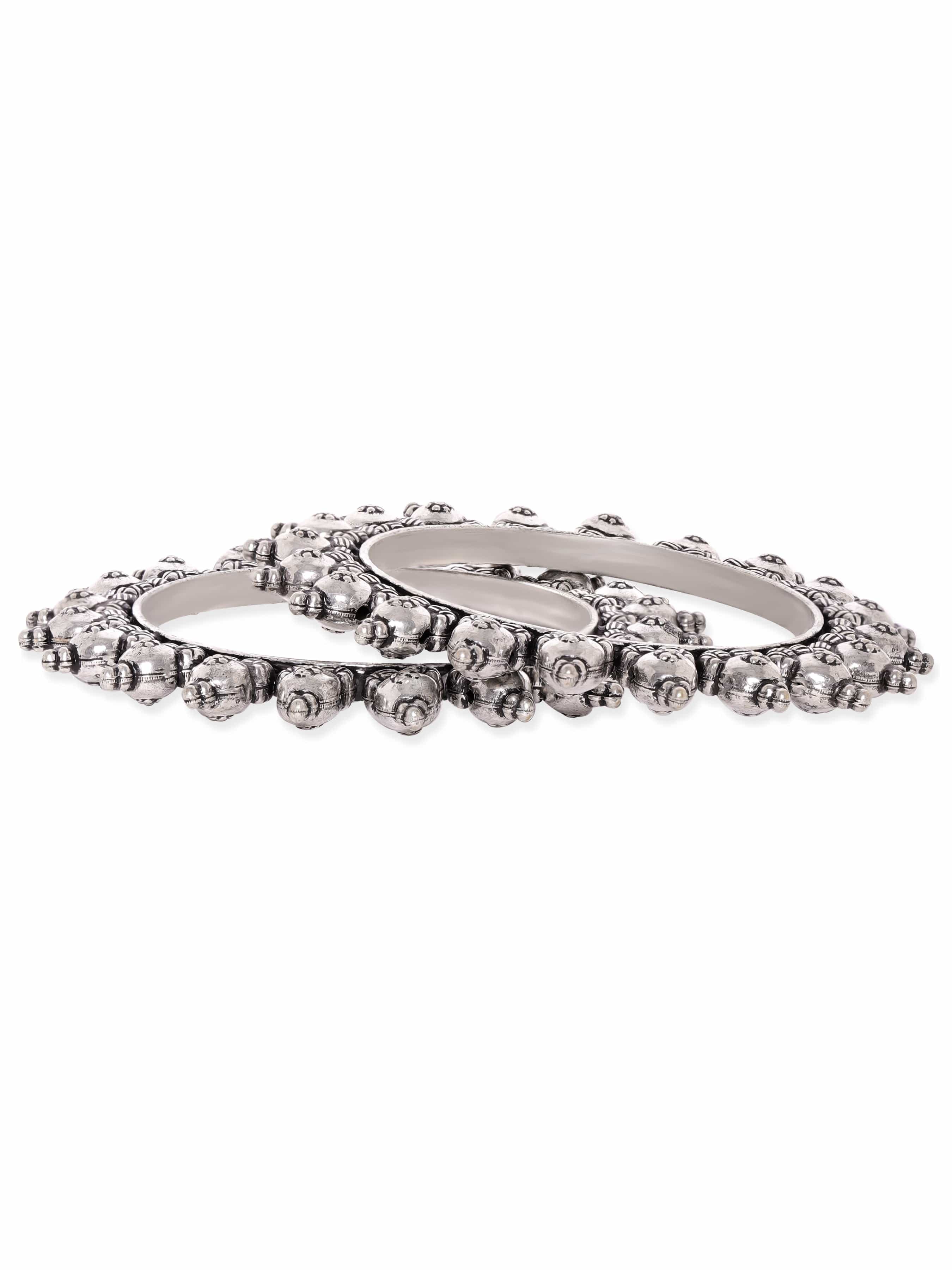 Wentra Set Of 2 Silver-Plated Oxidized Artisan-Crafted Bangles with Ghungroo Beads