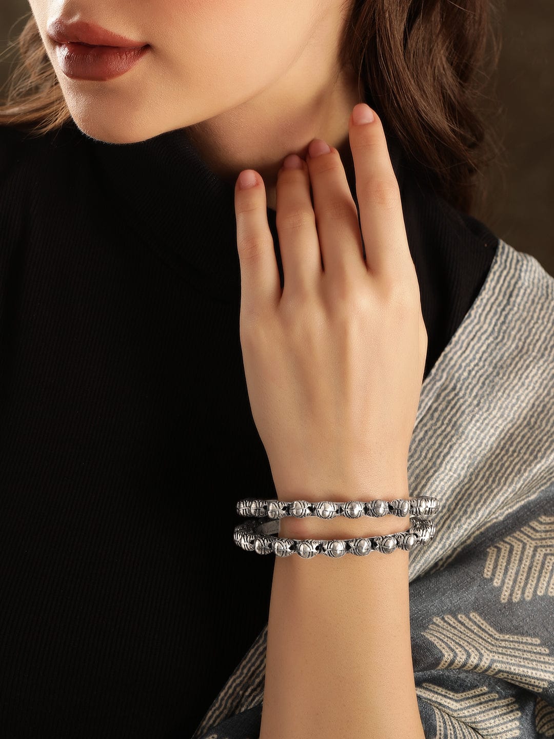 Wentra Set of 2 Handcrafted Oxidized Silver-Plated Bangles